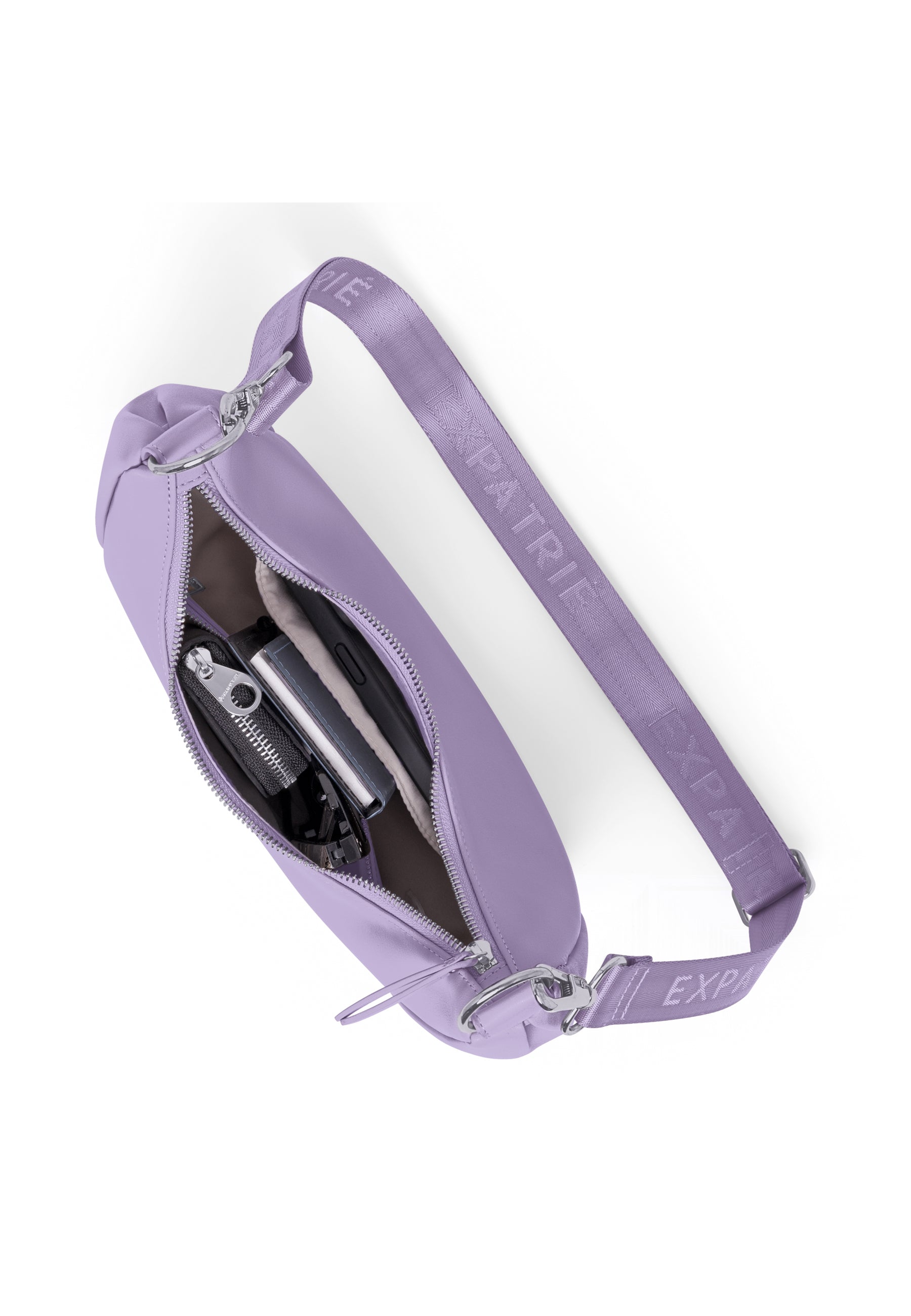 LEA SMALL Half Moon Bag in modernem Flieder mit Reißverschluss und verstellbarem Träger mit Logo