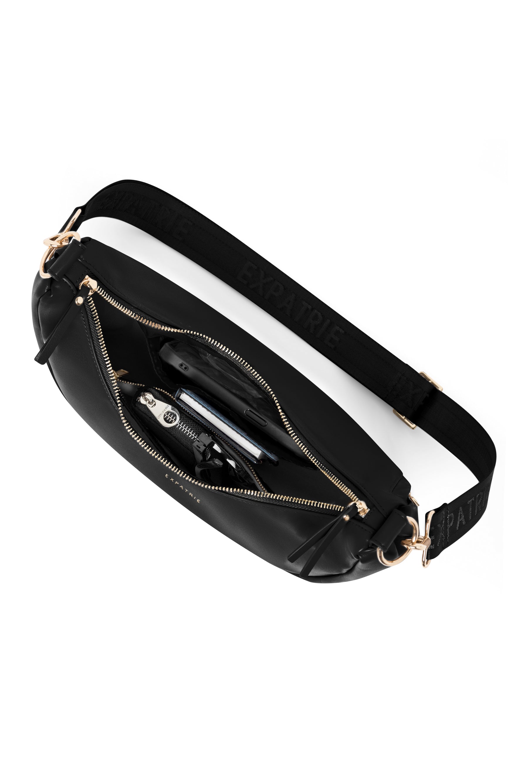 Schwarze LEA MEDIUM Half Moon Tasche mit offenem Reißverschluss, schwarzem Innenfutter und verstellbarem Schulterriemen