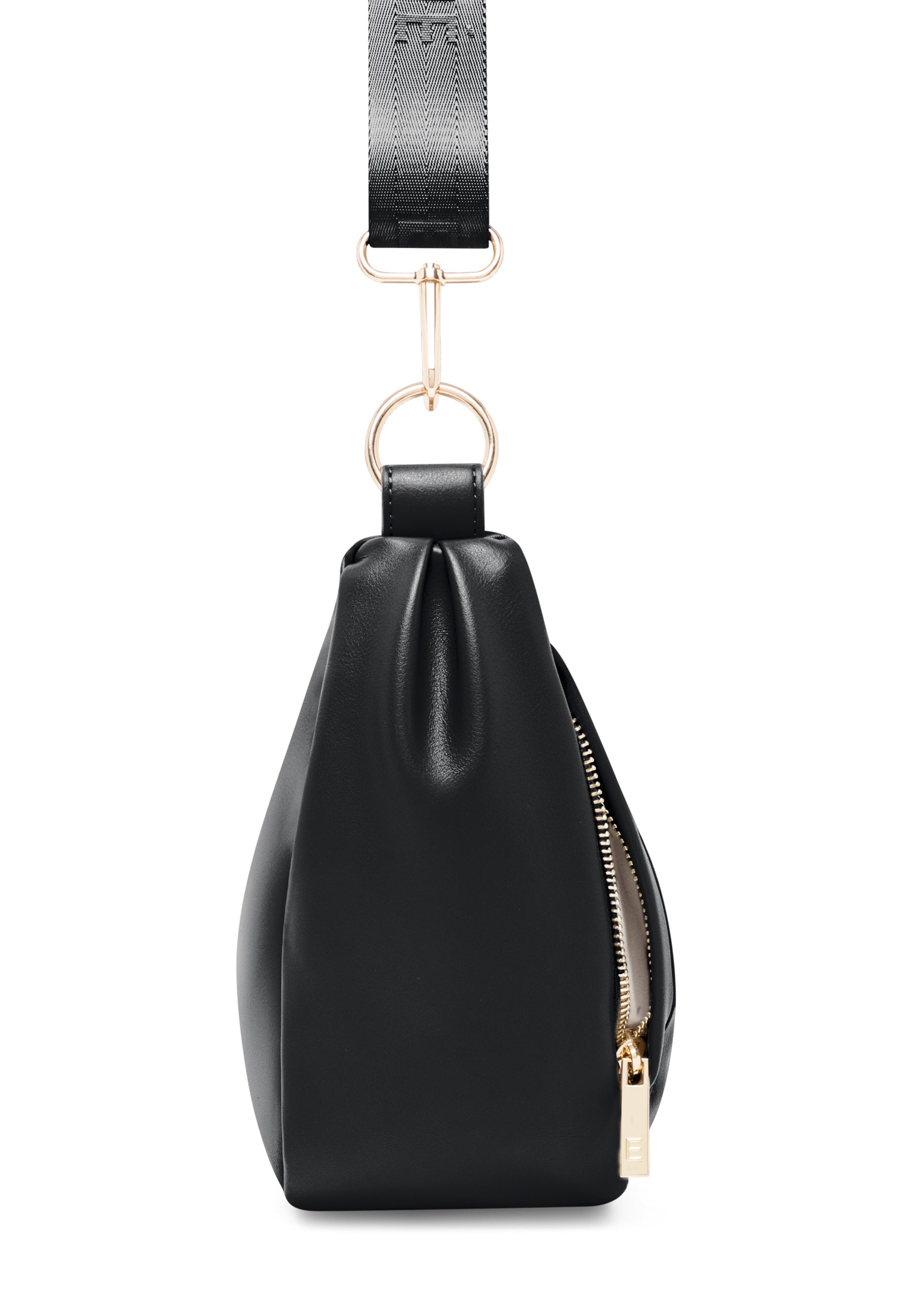 Schwarze LEA MEDIUM Halbmond-Tasche mit goldenem Reißverschluss und breitem Riemen