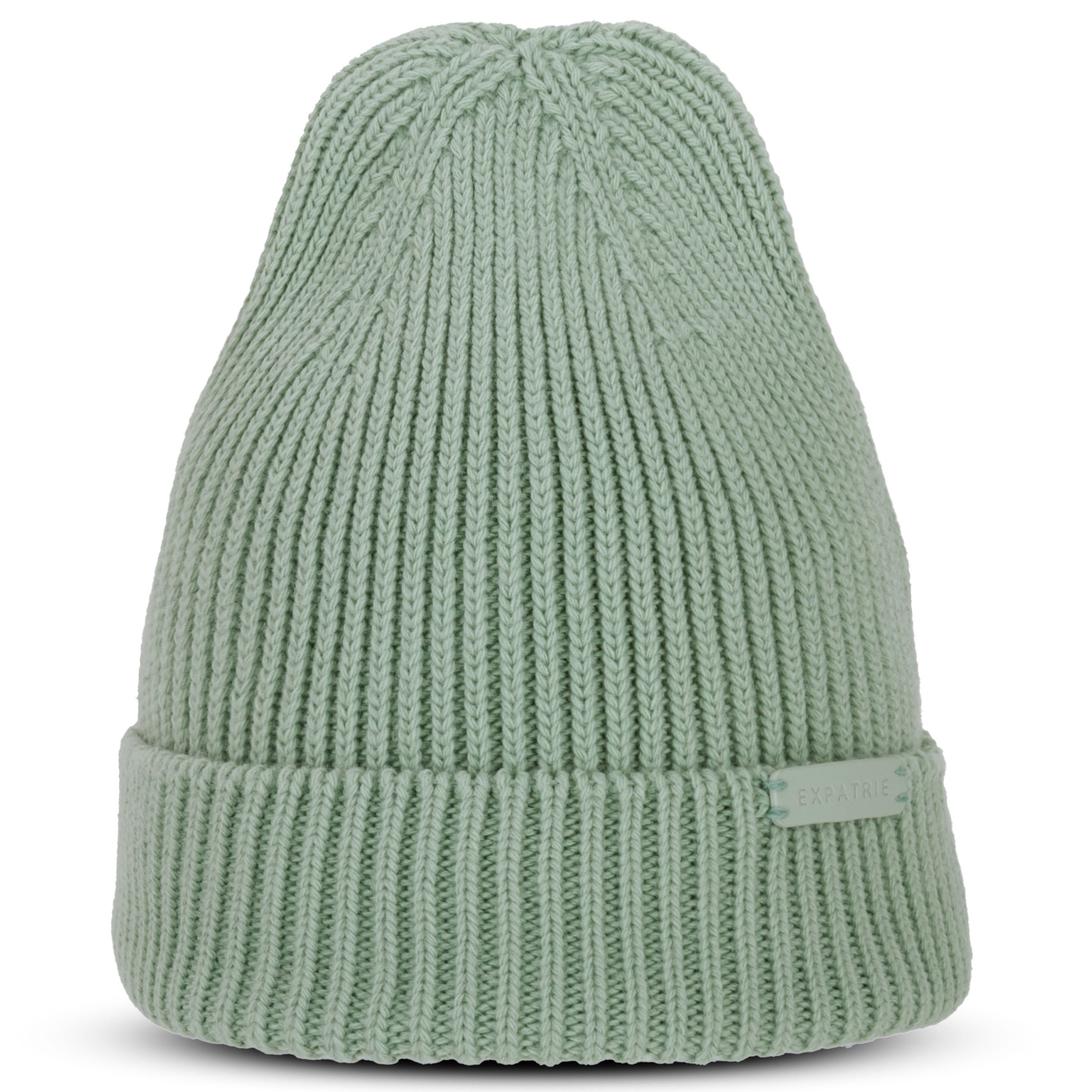 Grüne gestrickte Damenmütze Luna mit Umschlag und Expatrié-Logo