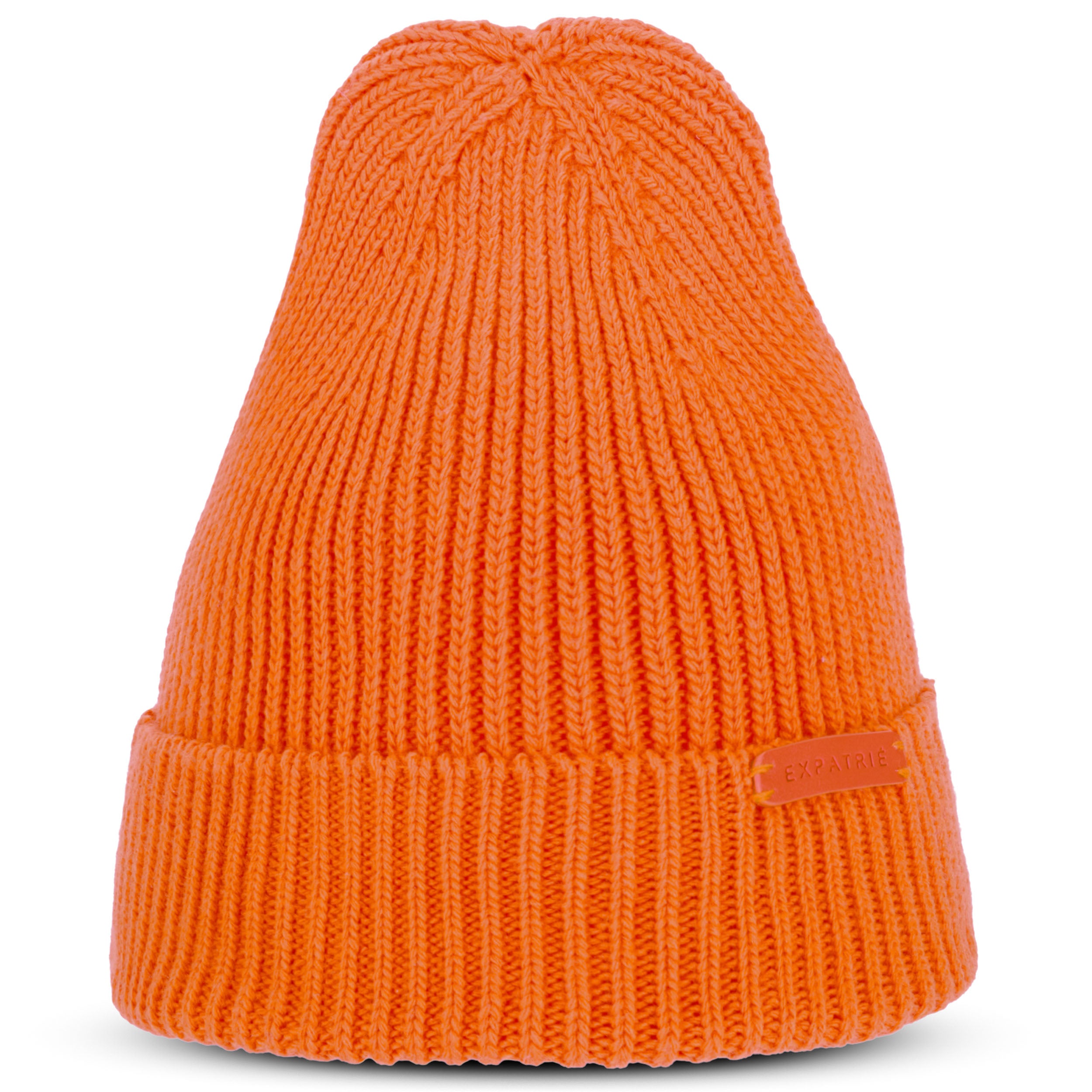 Oranger Strick-Beanie 'Mütze Luna' für Damen mit Umschlag und feinem Rippmuster