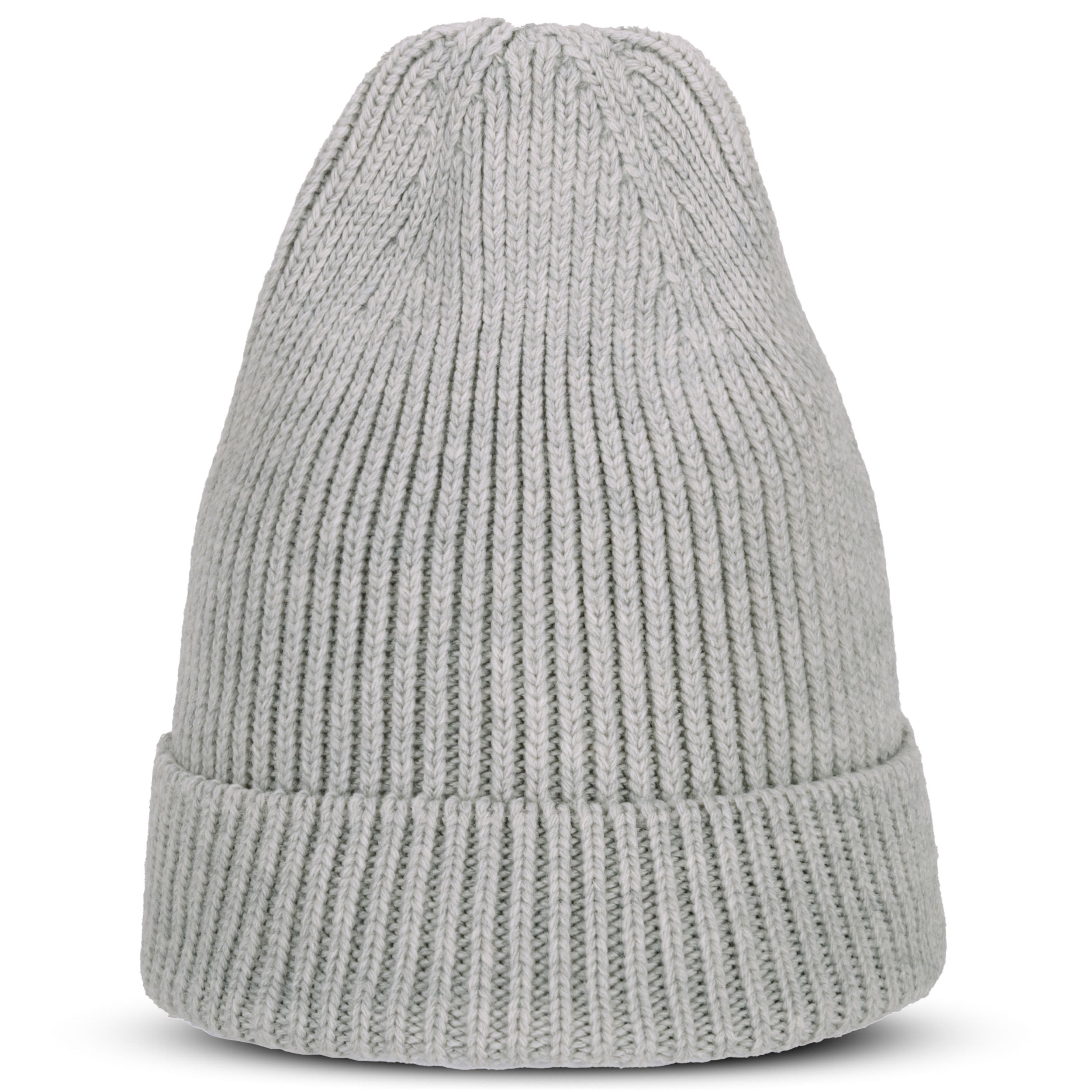 Grau gestrickte Mütze Luna mit Umschlag, aus dicker Rippenstrickwolle