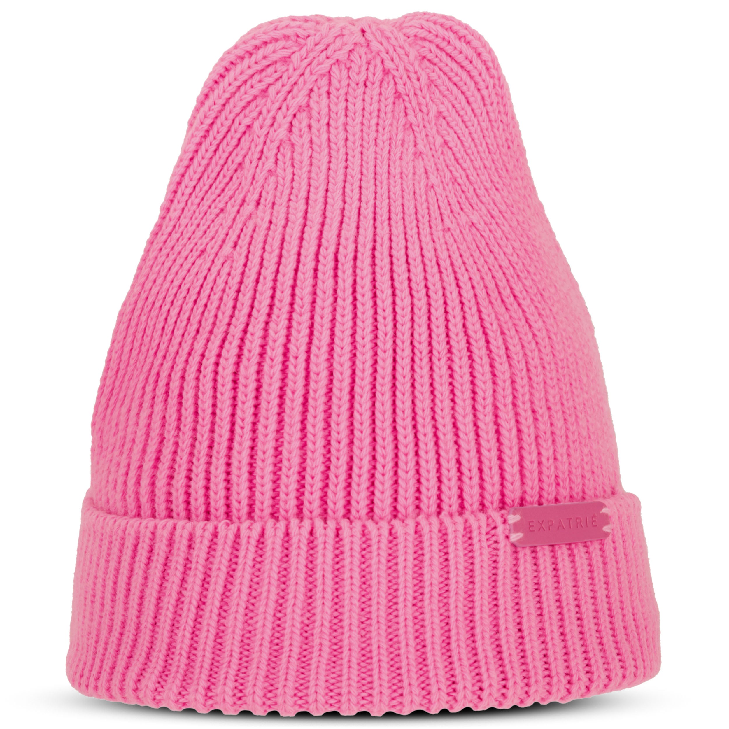 Rosa Strickmütze Luna für Damen mit Umschlag und Expatrié-Logo