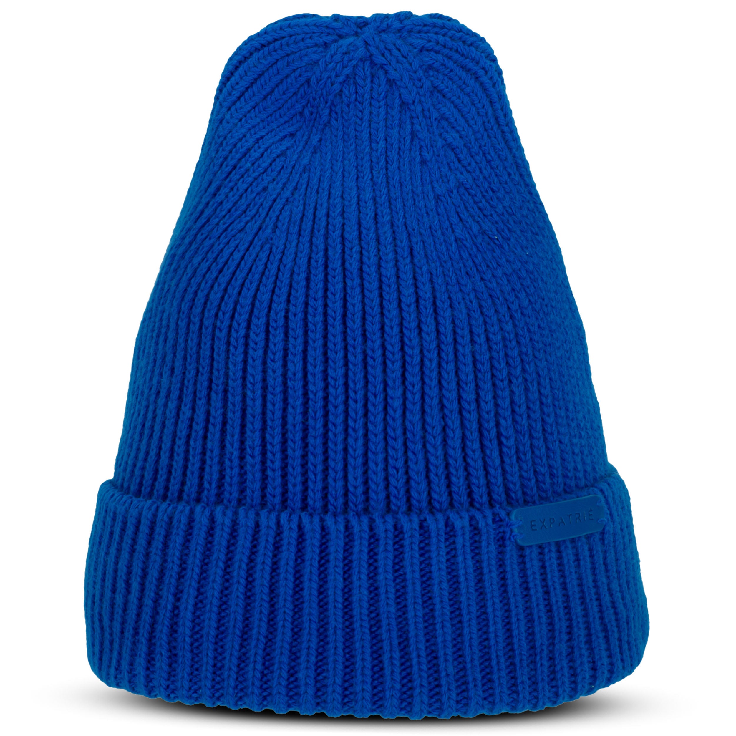 Strickmütze Luna in royalblau mit Umschlag und Expatrié Logo