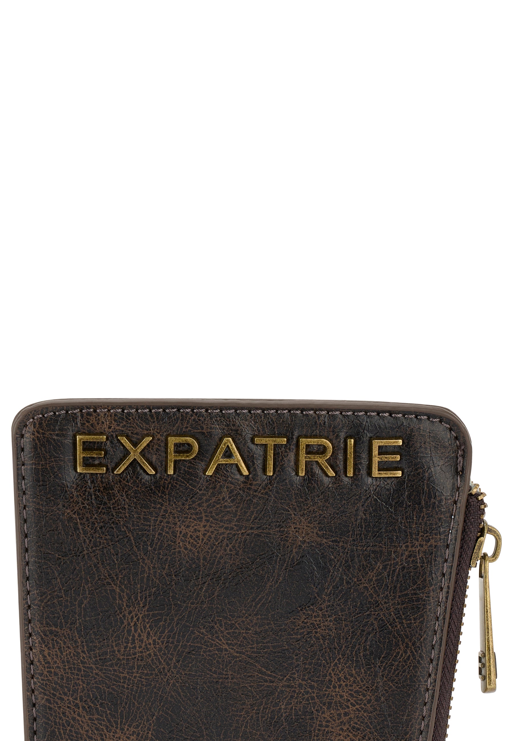 HOLLY - Pouch aus braunem Vintage-Leder mit goldfarbenem EXPATRIE-Schriftzug und Reißverschluss