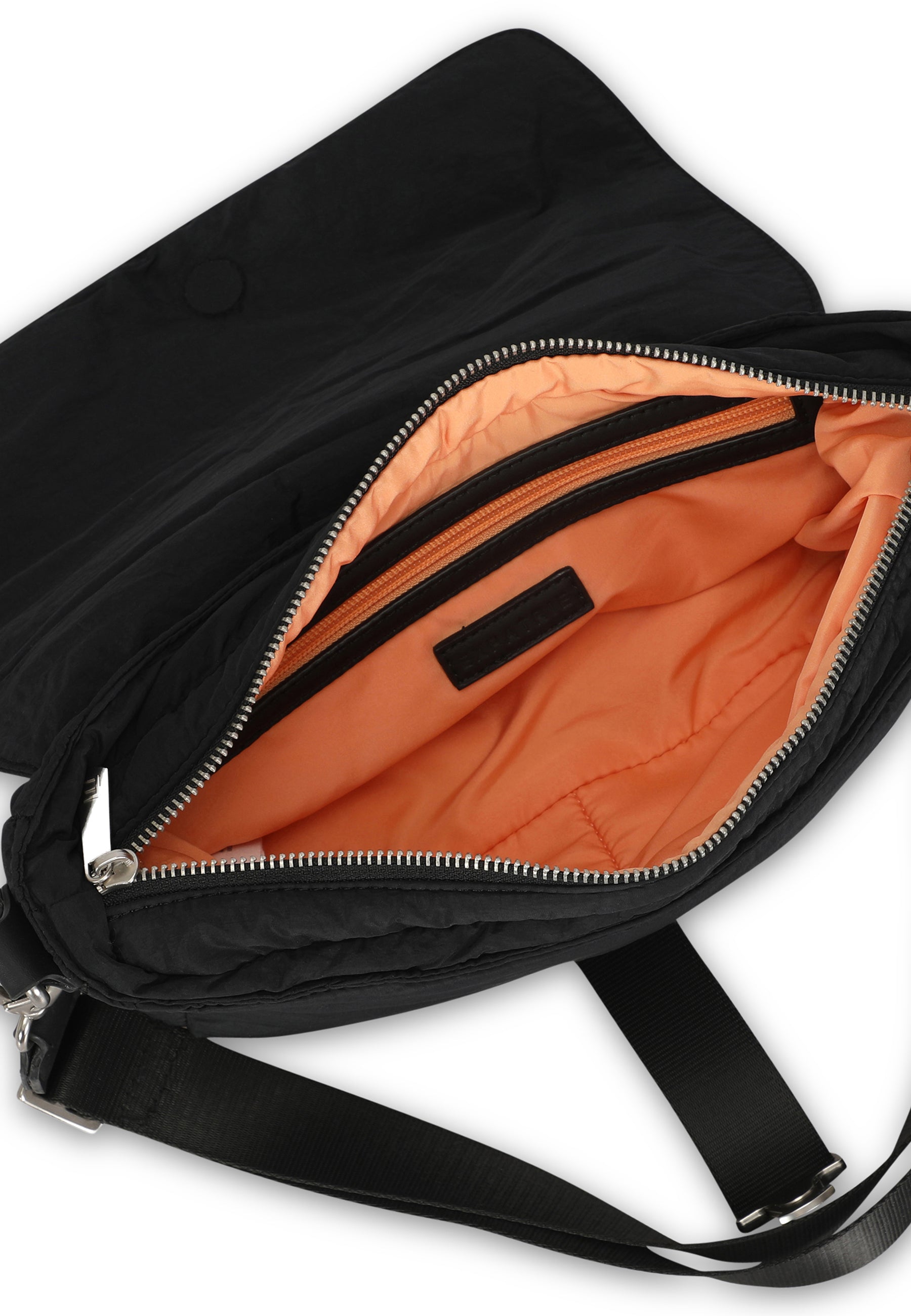 Schwarze BOBBY Puffer-Handtasche mit orangenem Innenfutter und Reißverschlussfach