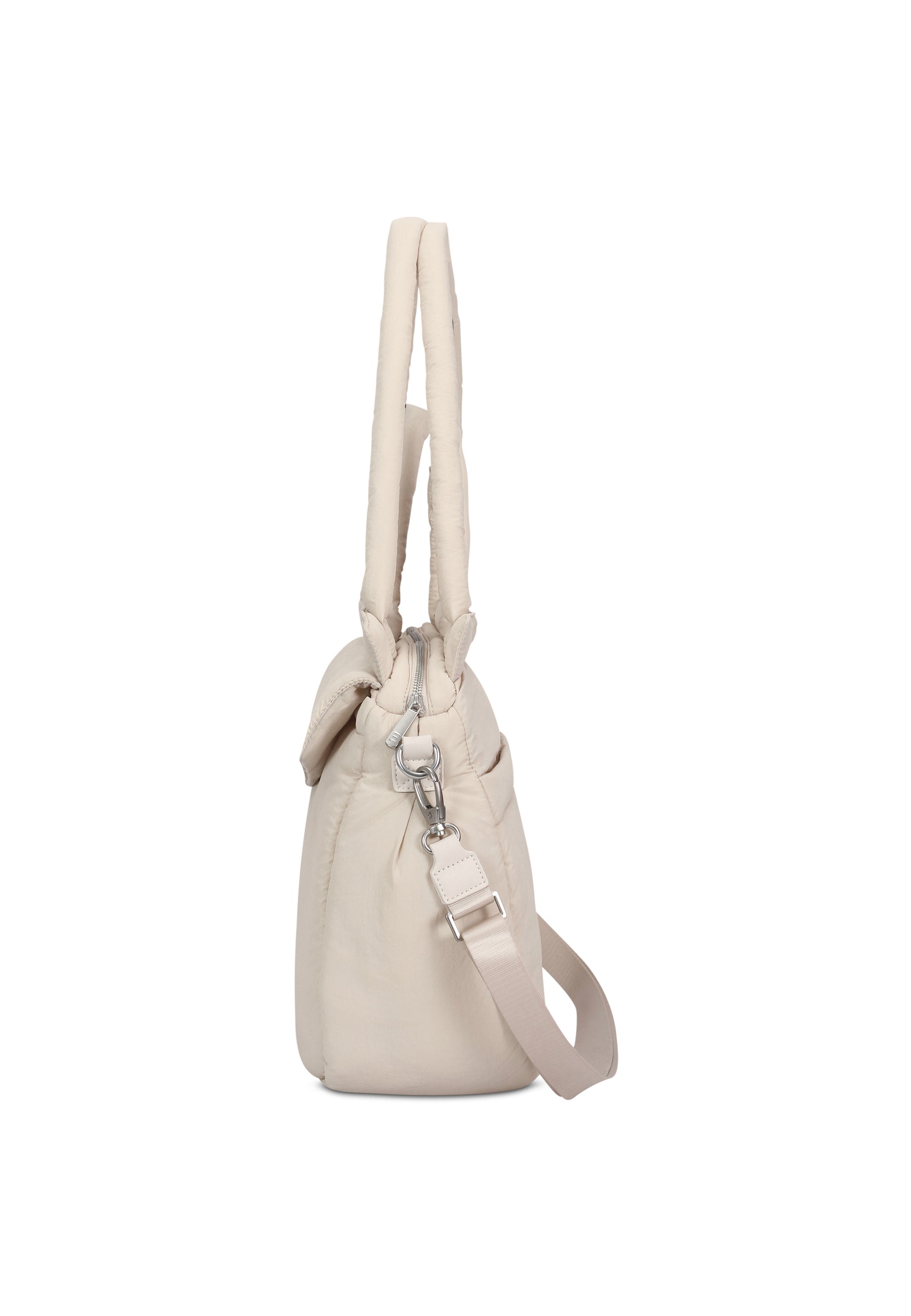 Seitliche Ansicht der hellbeigen POPPY Shopper Tasche mit gesteppter Oberfläche und verstellbarem Schulterriemen