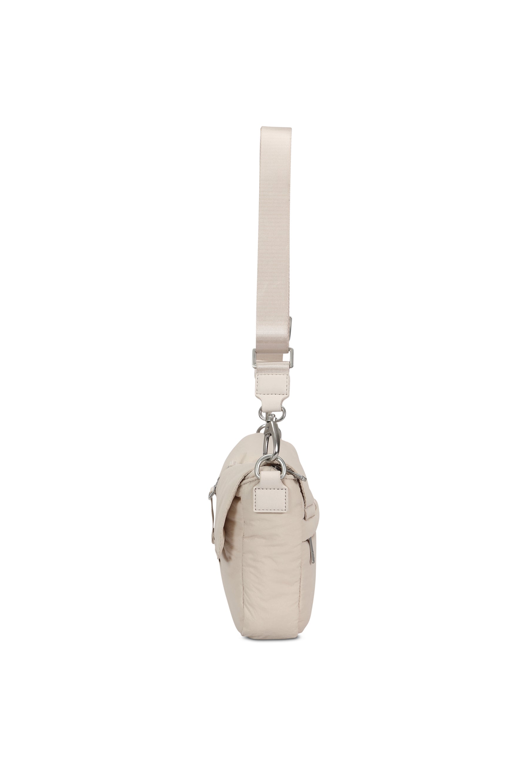 Seitenansicht der kleinen BOBBY Handtasche in hellem Beige mit verstellbarem Riemen