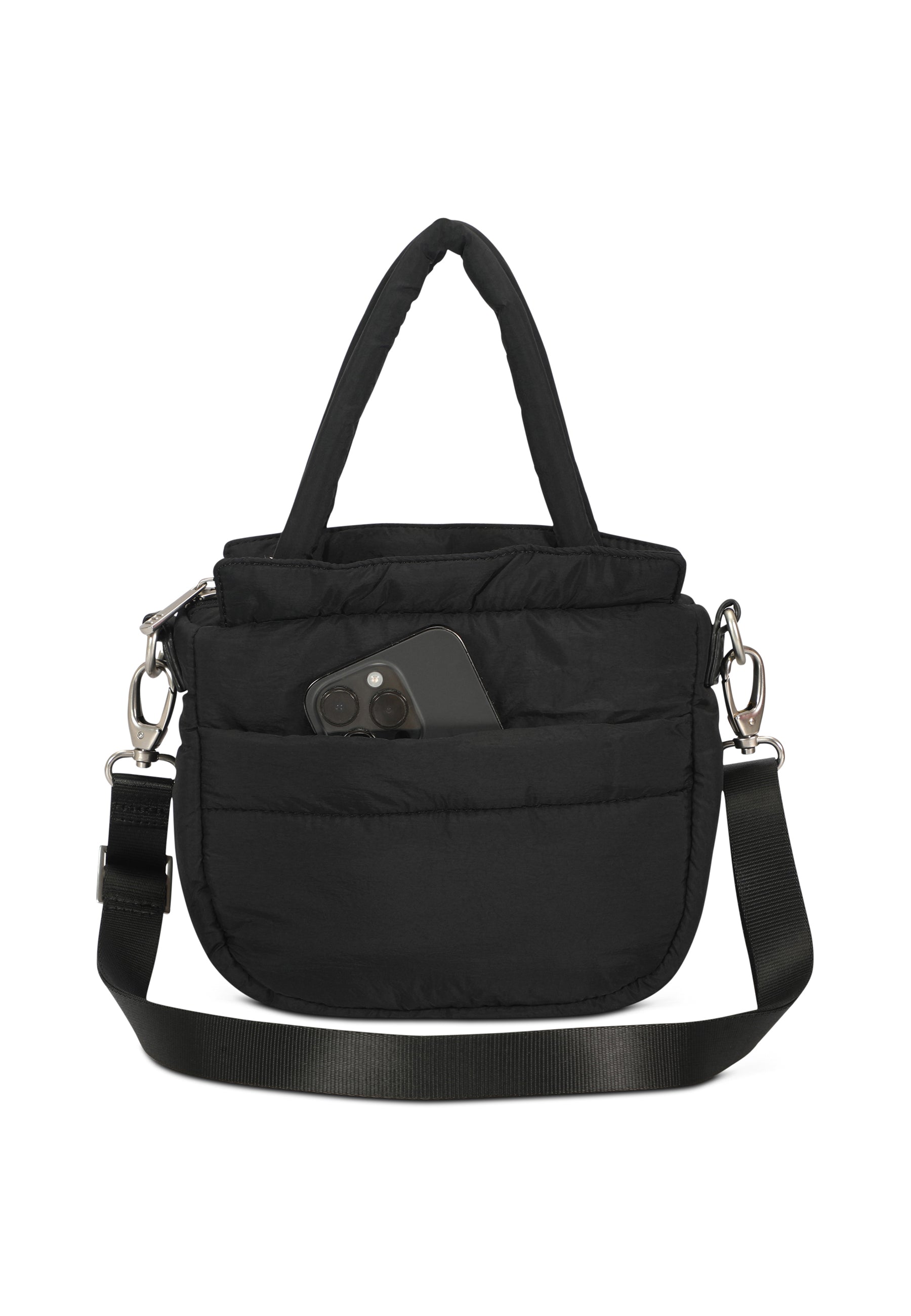 Schwarze gepolsterte POPPY SMALL Handtasche mit Tragegriffen, abnehmbarem Schulterriemen und Smartphonefach vorne
