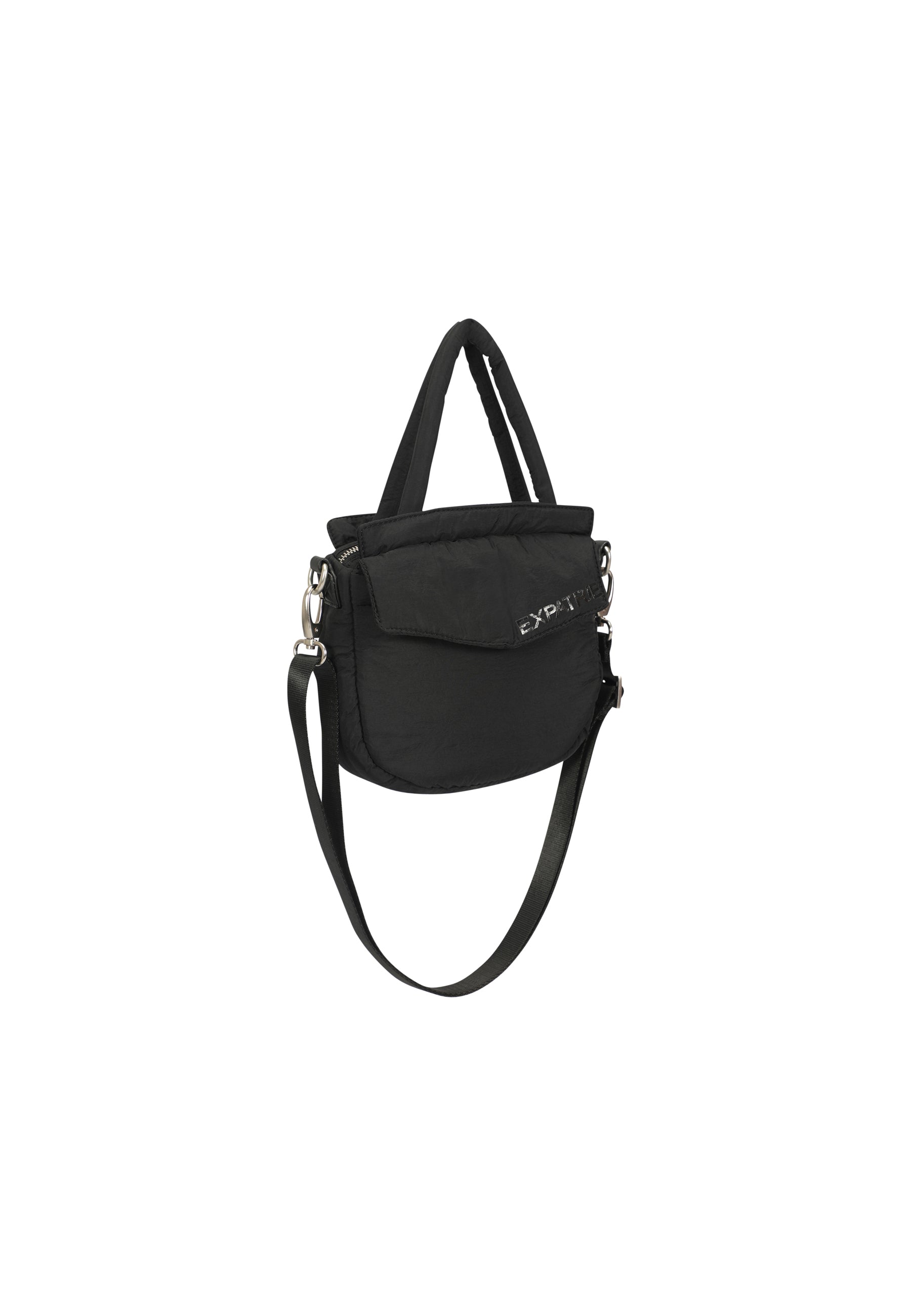 Schwarze gepolsterte Umhängetasche POPPY SMALL mit kurzer Schleife und silbernen Metall-Details