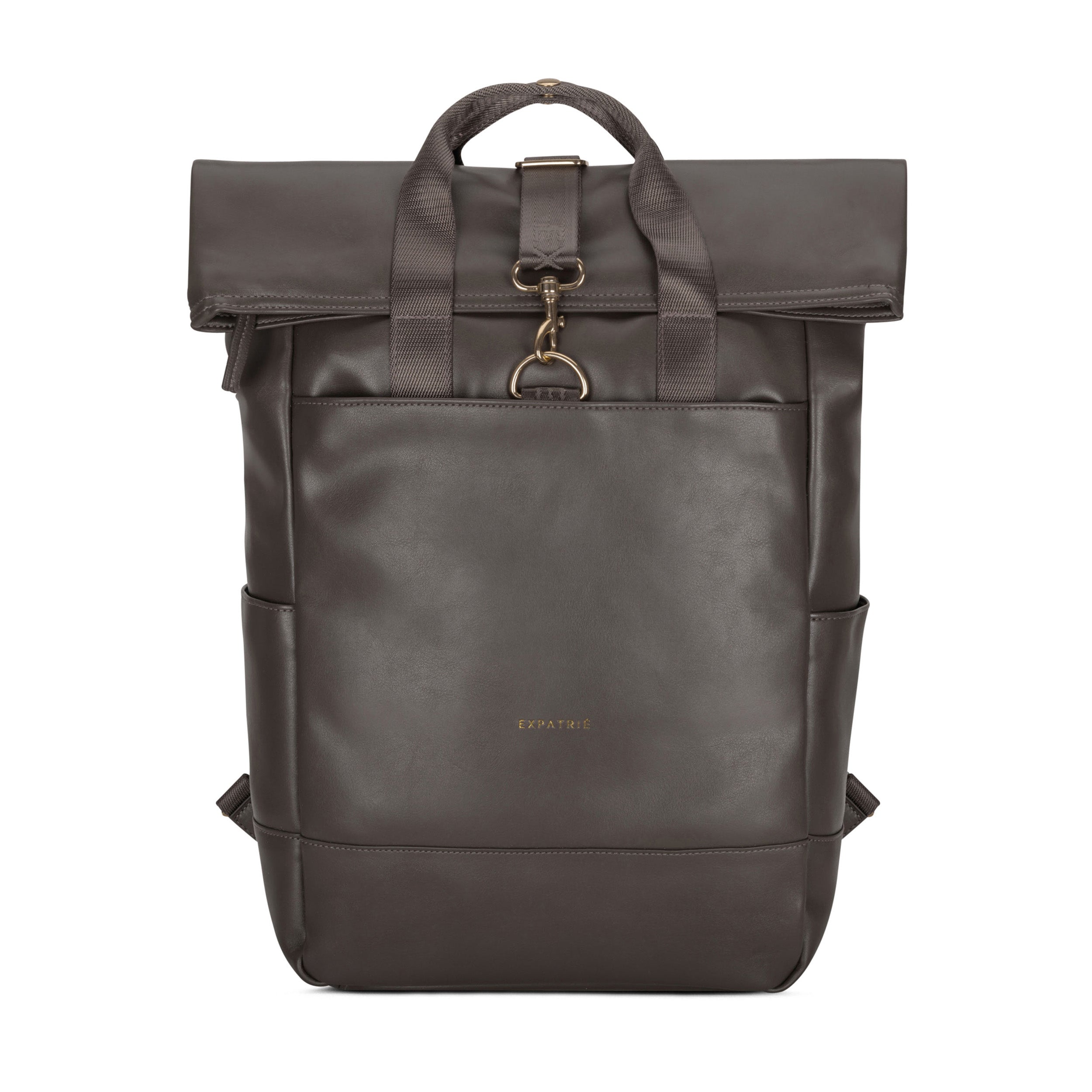 Dunkelbrauner Rolltop Rucksack Adele aus Leder mit goldfarbenen Details von Expatrié