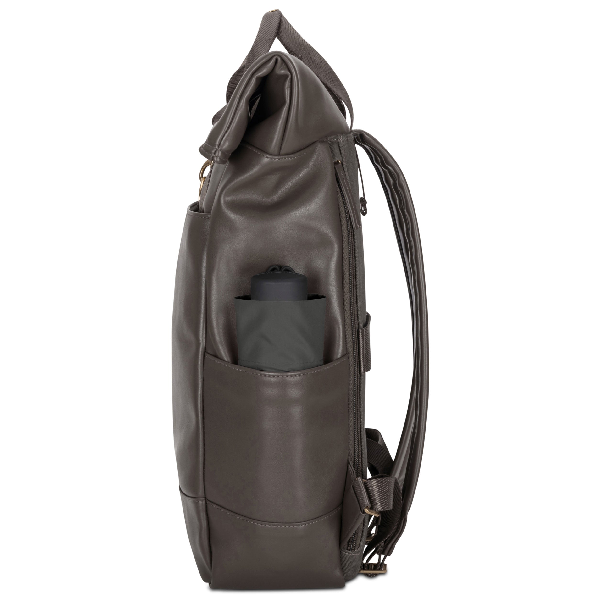 Rolltop Rucksack Adele aus braunem Leder mit Außentasche, seitlich mit geschlossenem Regenschirm