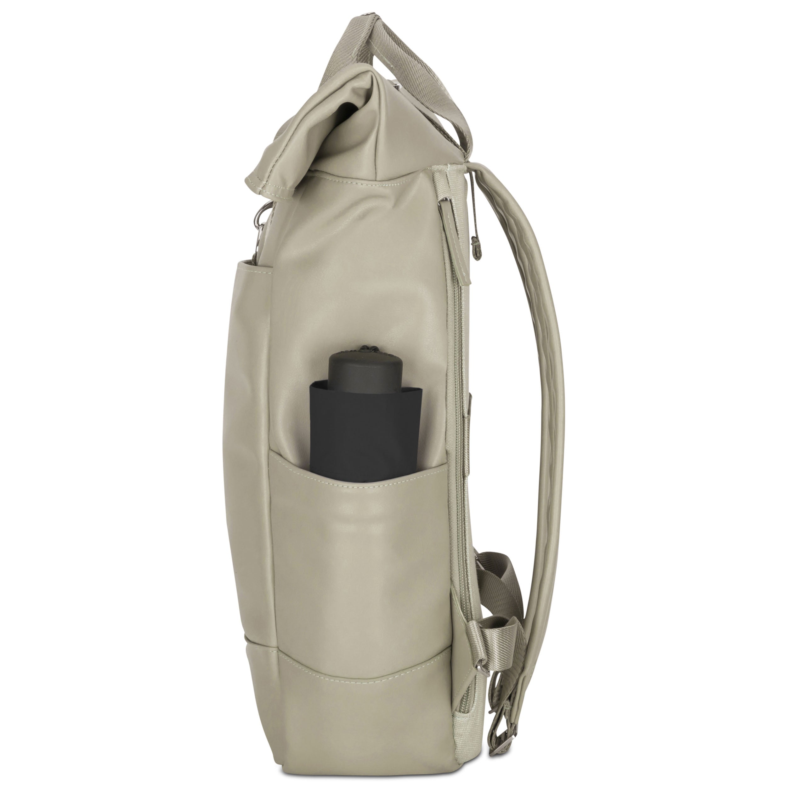 Beiger Rolltop Rucksack Adele aus Leder mit seitlicher Außentasche und schwarzem zylindrischem Gegenstand