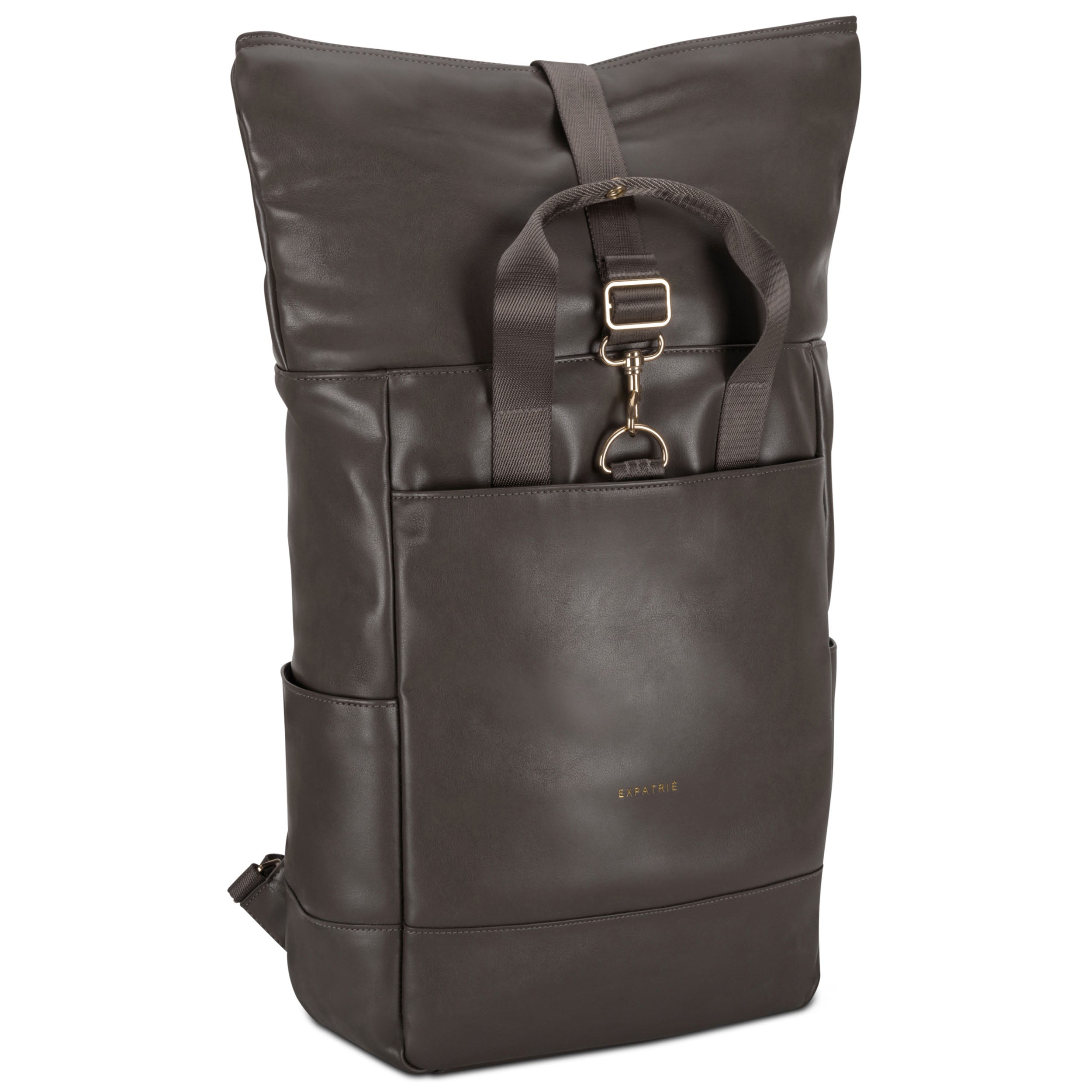 Rolltop Rucksack Adele aus braunem Lederimitat mit vorne zwei Henkel und goldfarbenem Verschluss