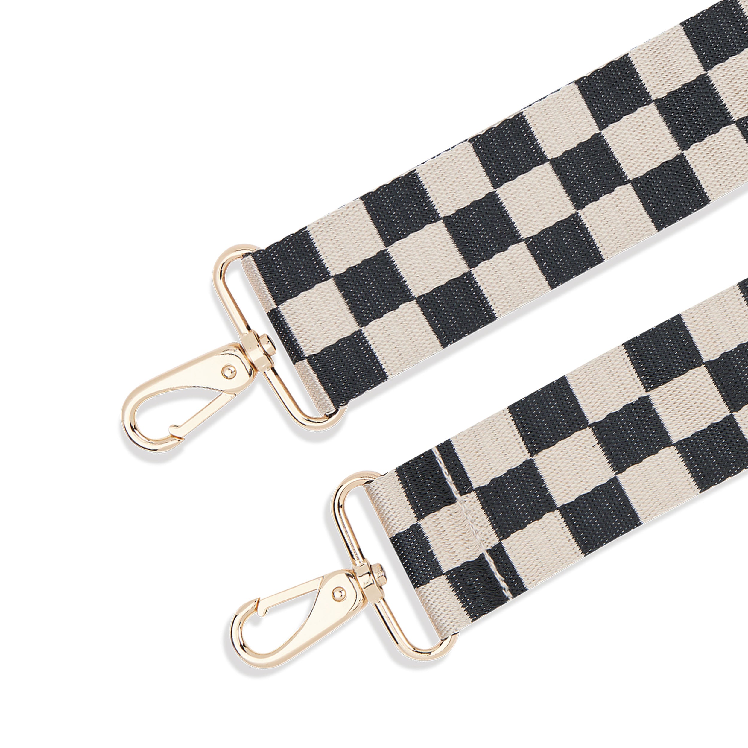 Schultergurt 'Strap Jeanne Checkered' mit beiger und schwarzer Schachbrettmusterung und goldfarbenen Karabinerhaken