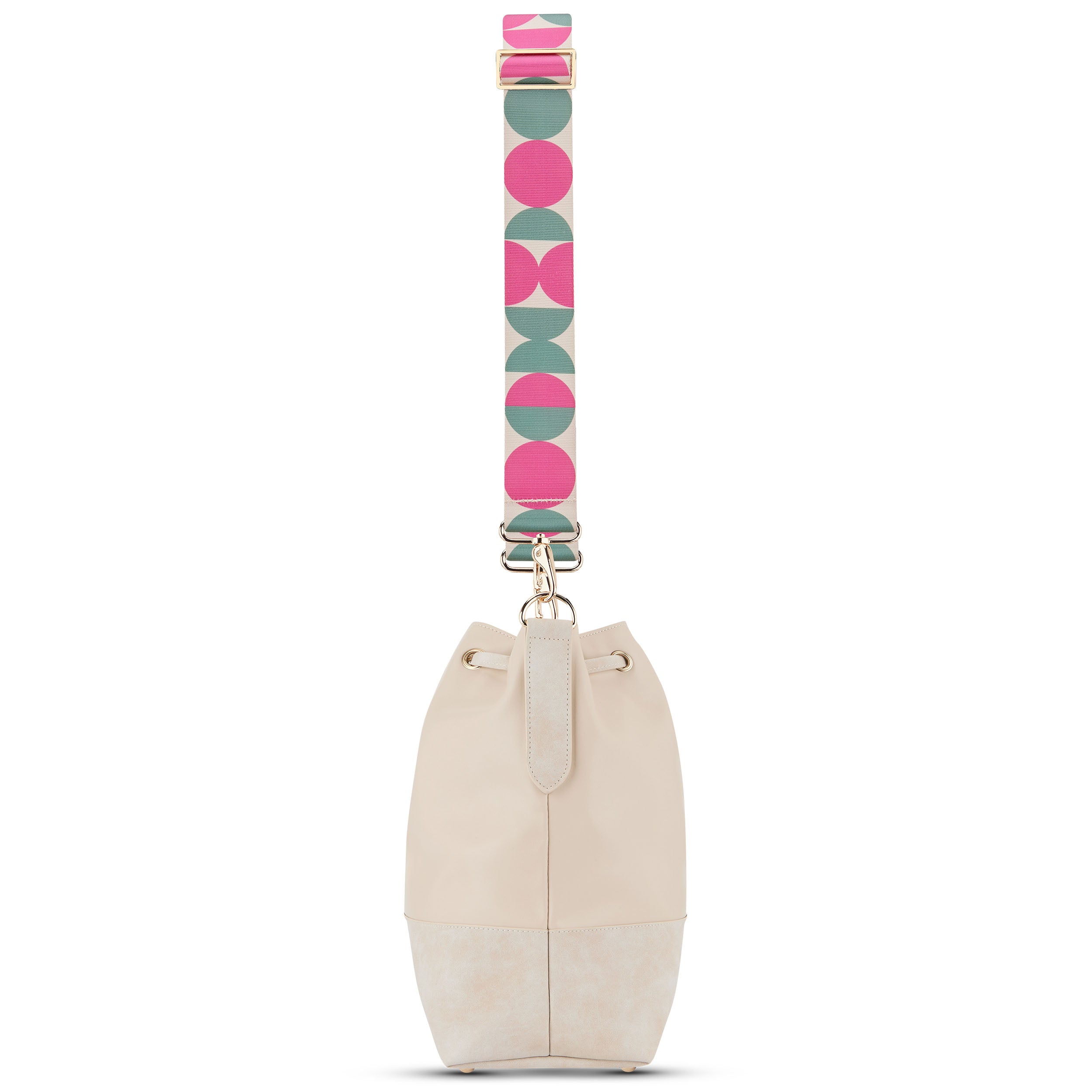 Beige Rucksack mit breitem Schultergurt 'Strap Jeanne Circle' in Pink und Grün mit Kreismustern