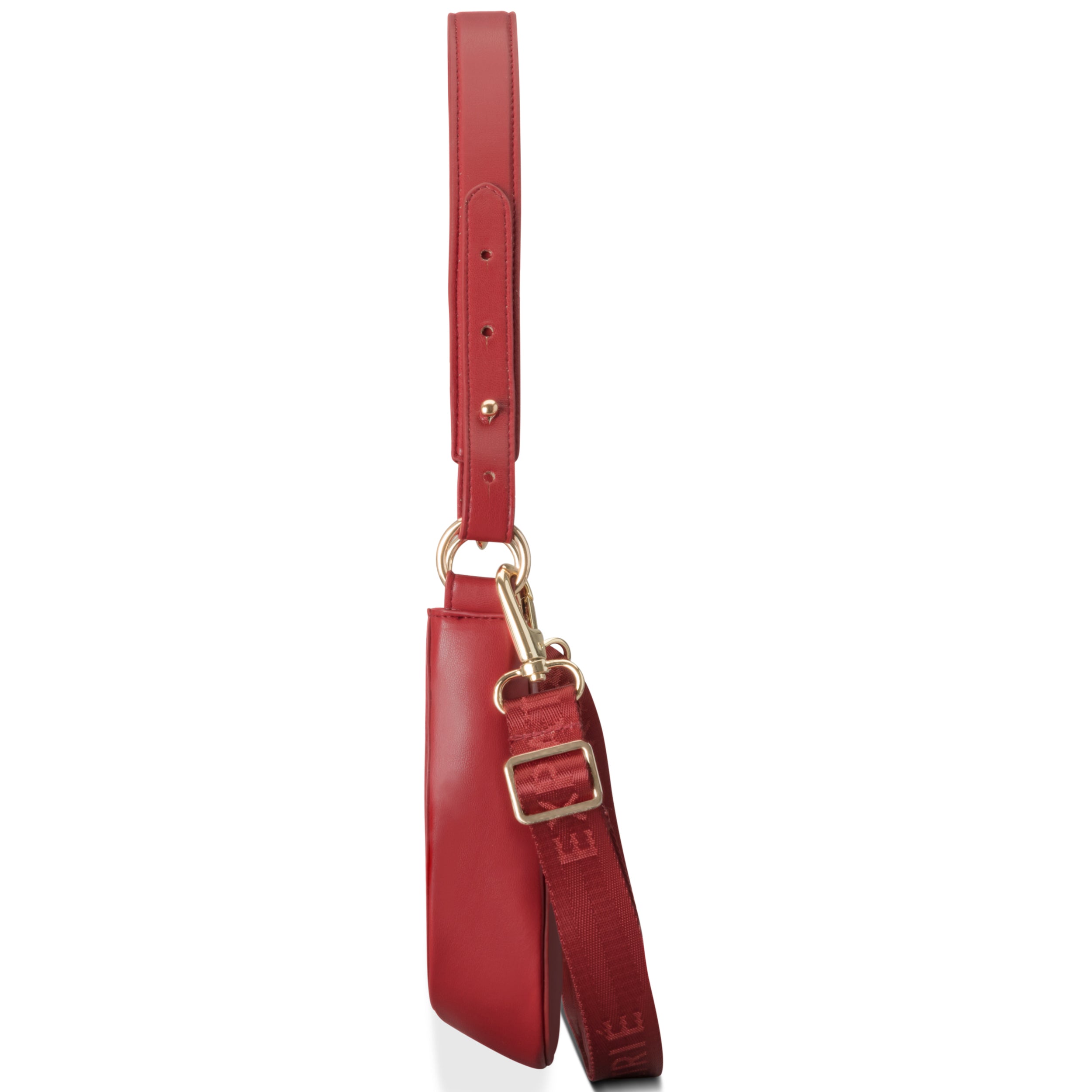 Rote Schultertasche Féline für Damen mit verstellbarem, abnehmbarem Gurt und goldfarbenen Metallringen