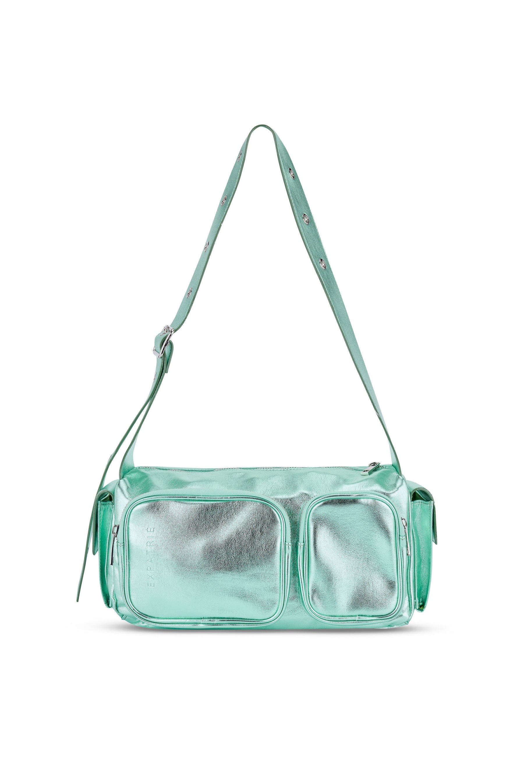Grüne metallic STELLA Schultertasche für Damen mit verstellbarem Schulterriemen und mehreren Außentaschen