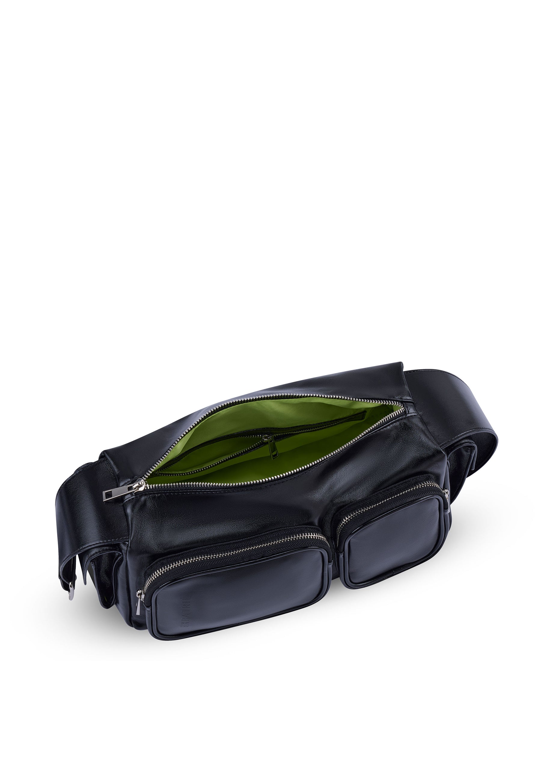 Große schwarze STELLA Schultertasche mit grüner Innenausstattung und zwei Fronttaschen mit Reißverschluss