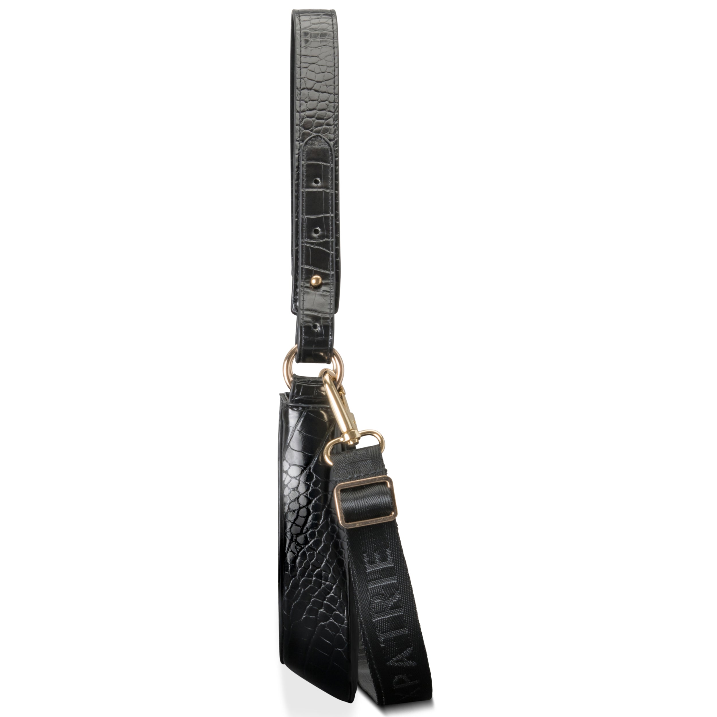 Handtasche Féline in schwarzem Kroko-Leder mit verstellbarem Schulterriemen und goldfarbenen Details