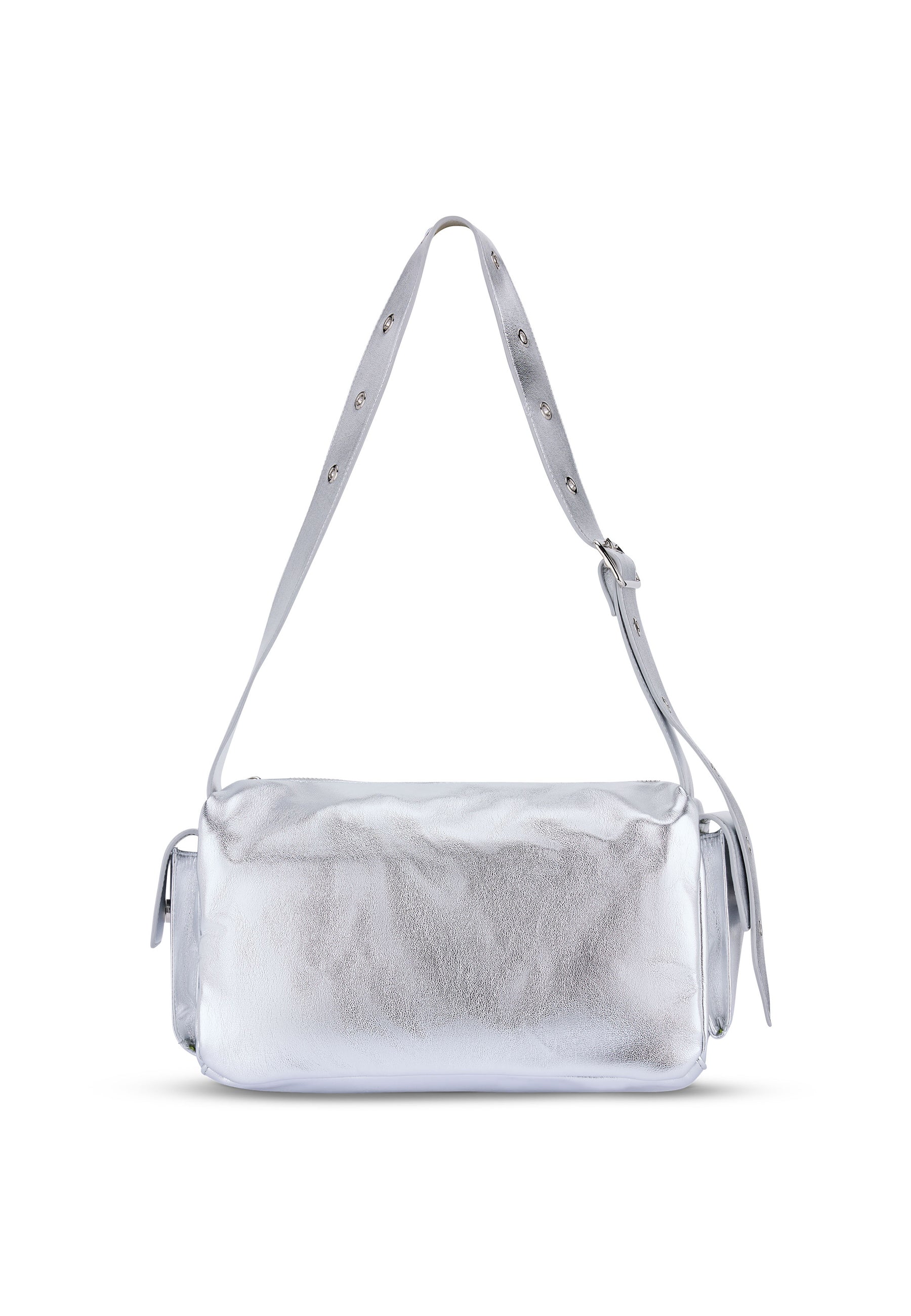STELLA Schultertasche aus silber-metallic Leder mit verstellbarem Riemen und seitlichen Taschen