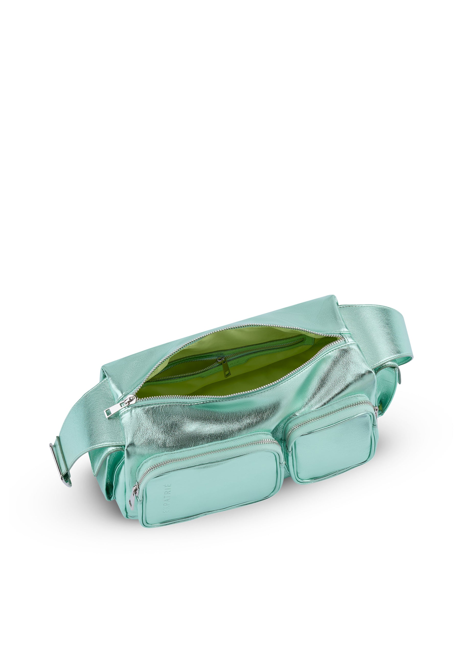 Metallic grüne STELLA Schultertasche mit zwei Vorderfächern und Reißverschluss, geöffnetes Hauptfach mit grünem Innenfutter