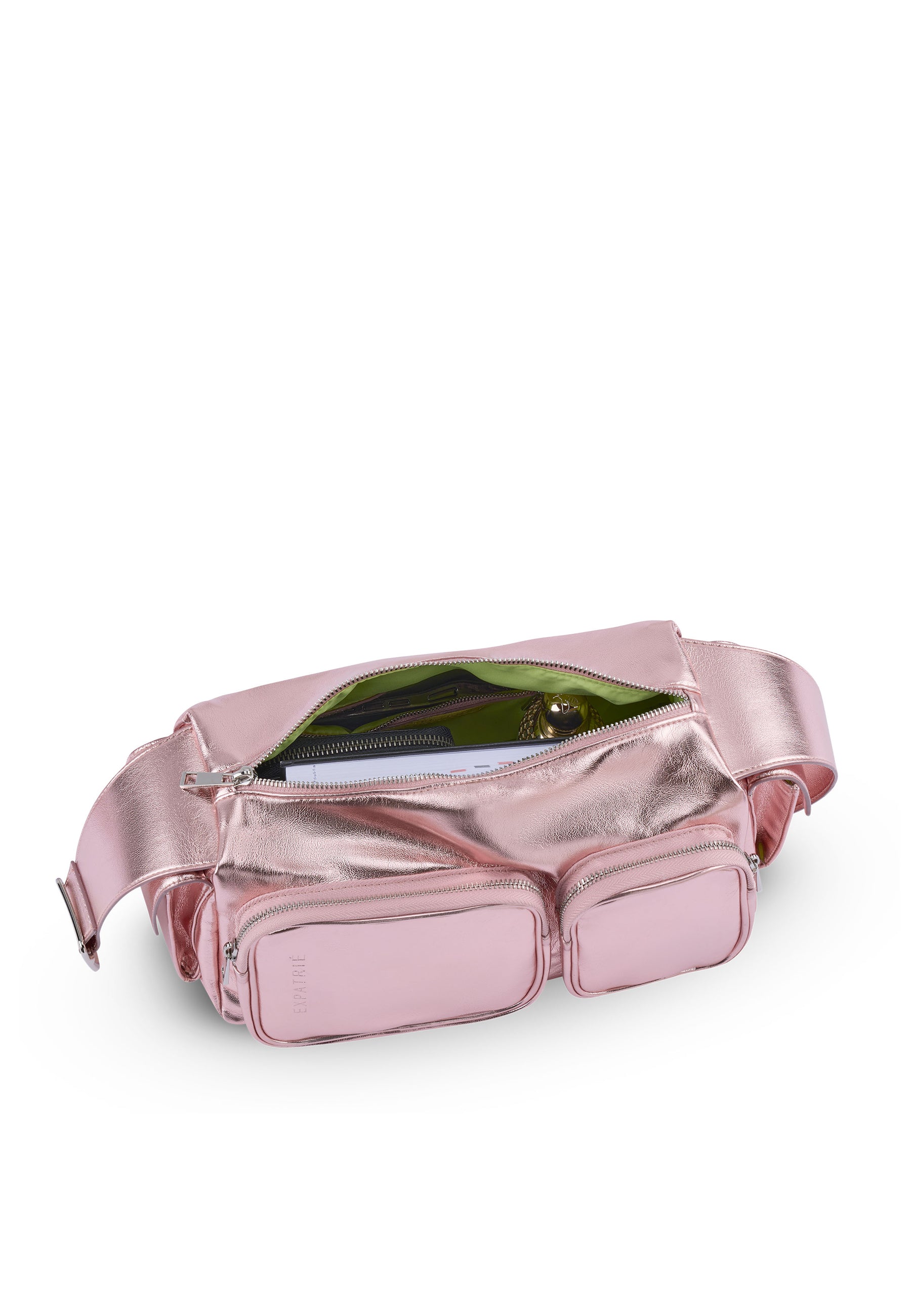 Große STELLA Schultertasche in metallischem Roségold mit zwei Fronttaschen und offenem Hauptfach mit grünem Innenfutter