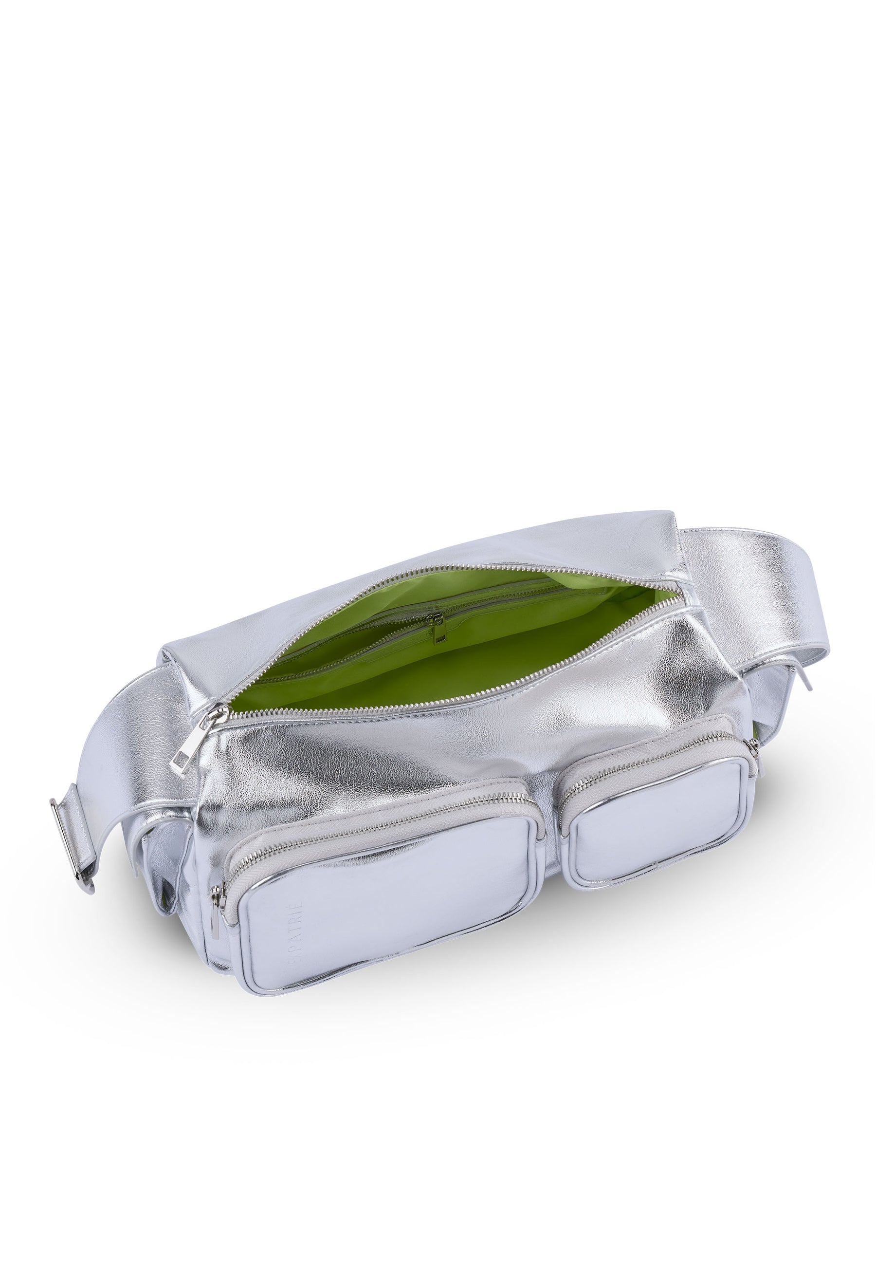 Große STELLA Schultertasche in silber metallic mit zwei vorderen Reißverschlusstaschen und grünem Innenfutter