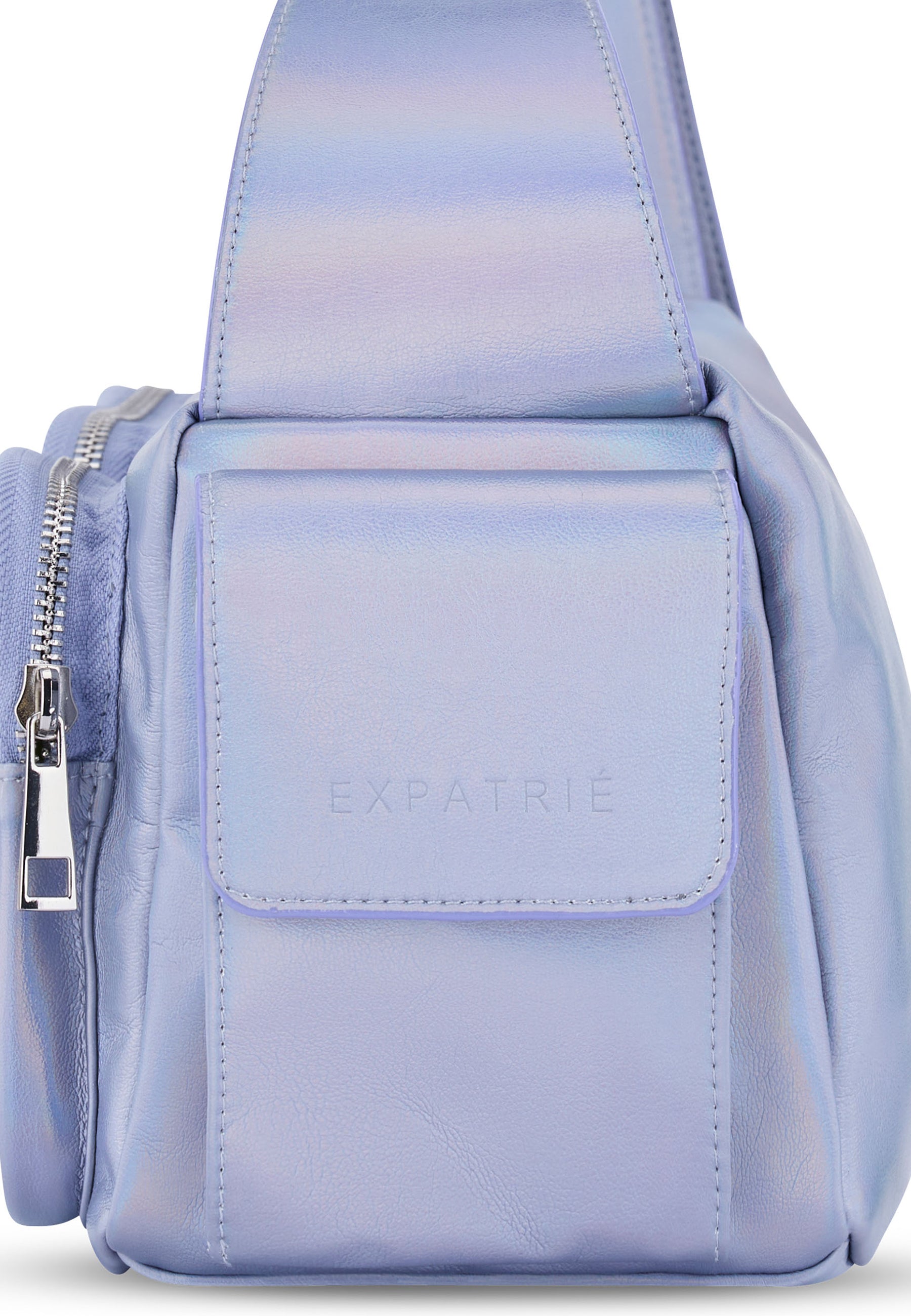 Metallic-lila STELLA Schultertasche aus Leder mit Reißverschluss und Prägung 'EXPATRIÉ'