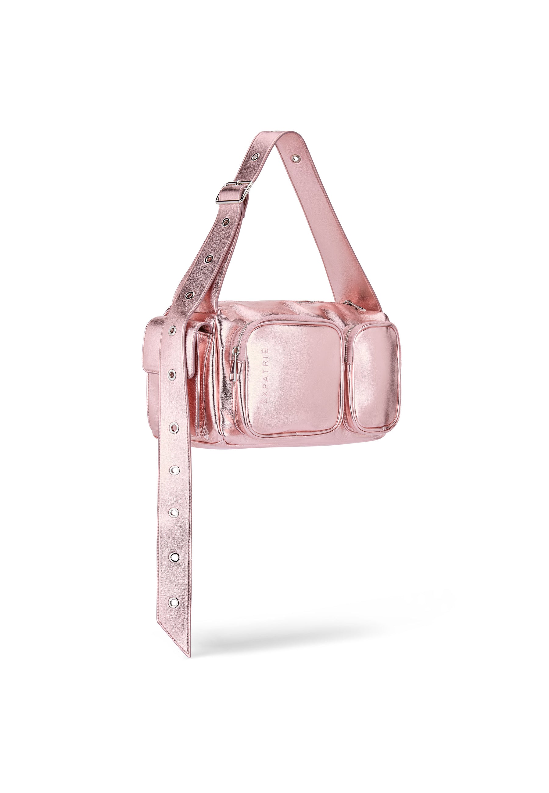 Metallic-roségoldfarbene STELLA Schultertasche mit zwei Fronttaschen und verstellbarem Riemen von Expatrié