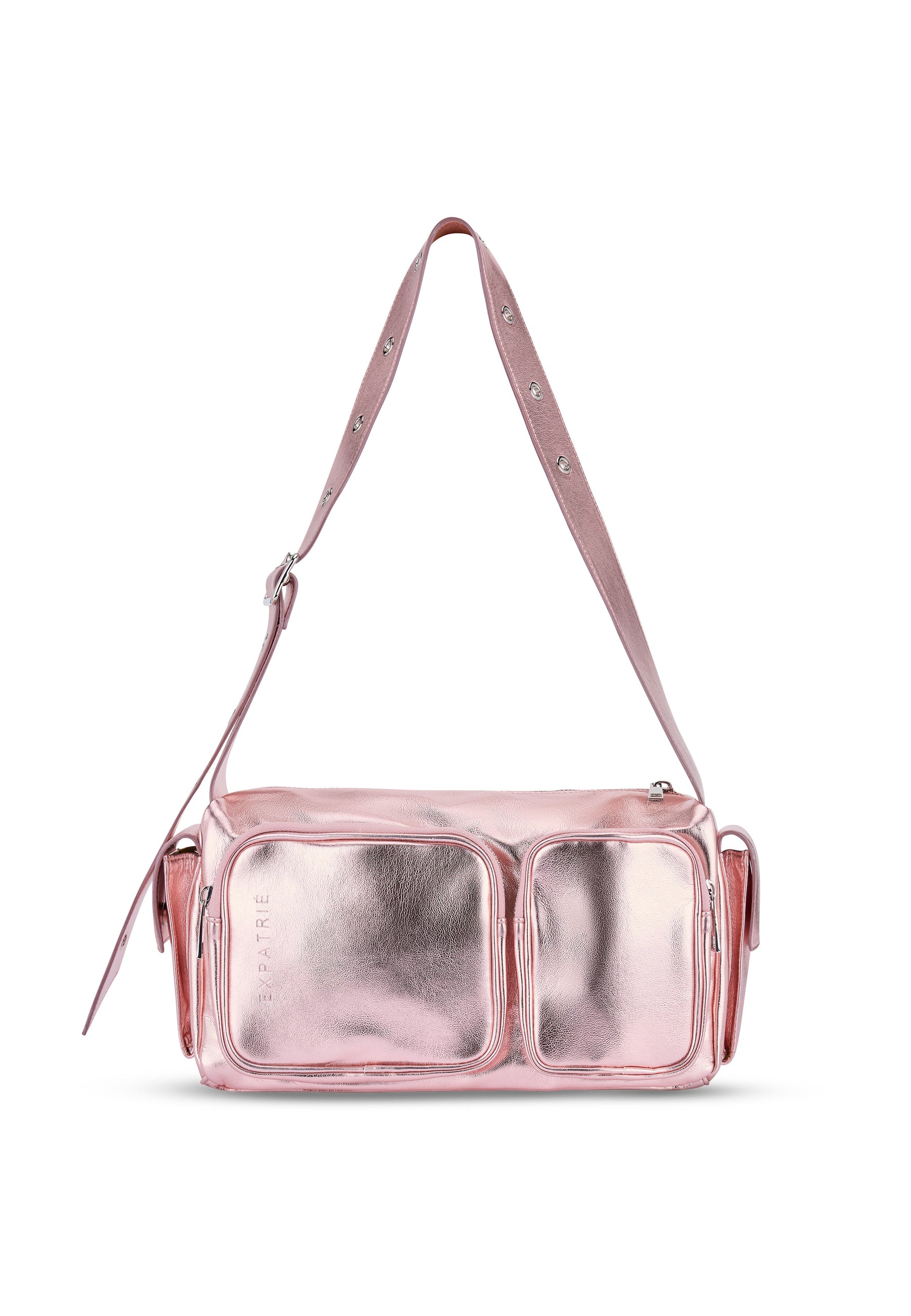 EX-PATRIÉ STELLA Schultertasche in roségold metallic mit mehreren Reißverschlusstaschen