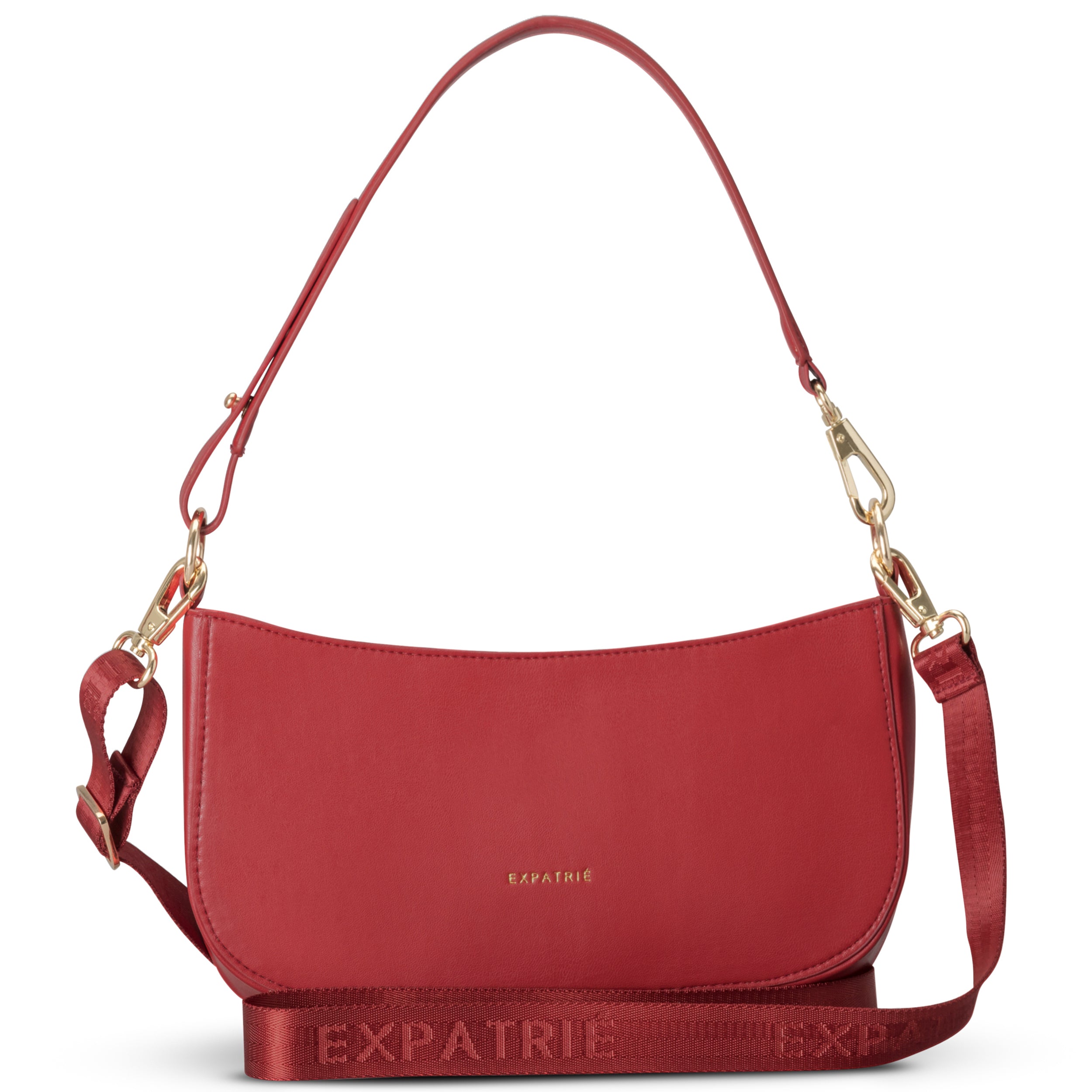 Rote Schultertasche 'Féline' von Expatrié mit abnehmbarem Gurt und goldfarbenen Beschlägen