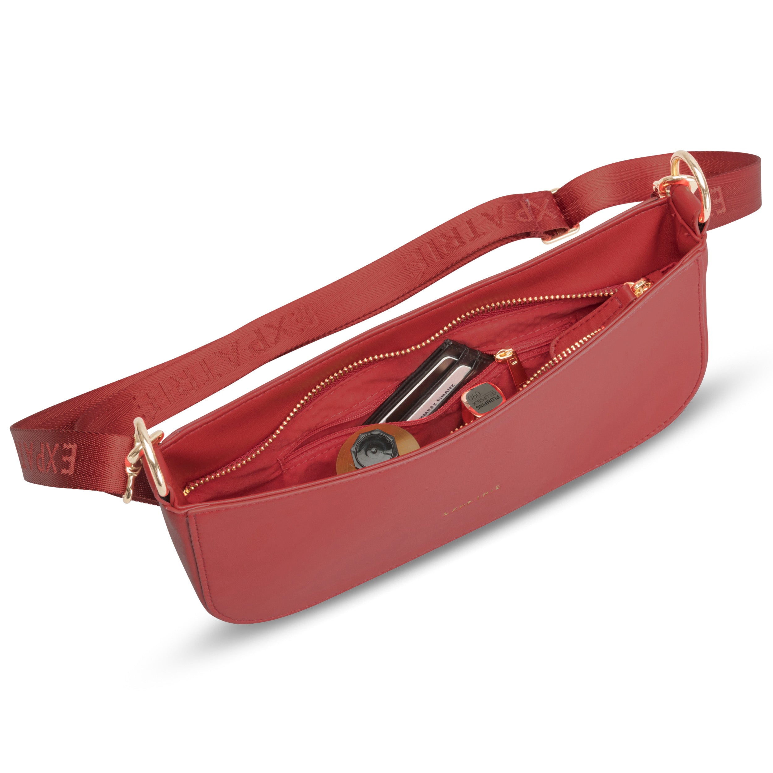 Rote Lederschultertasche Féline mit goldfarbenem Reißverschluss und verstellbarem Textilgurt mit geprägtem Schriftzug