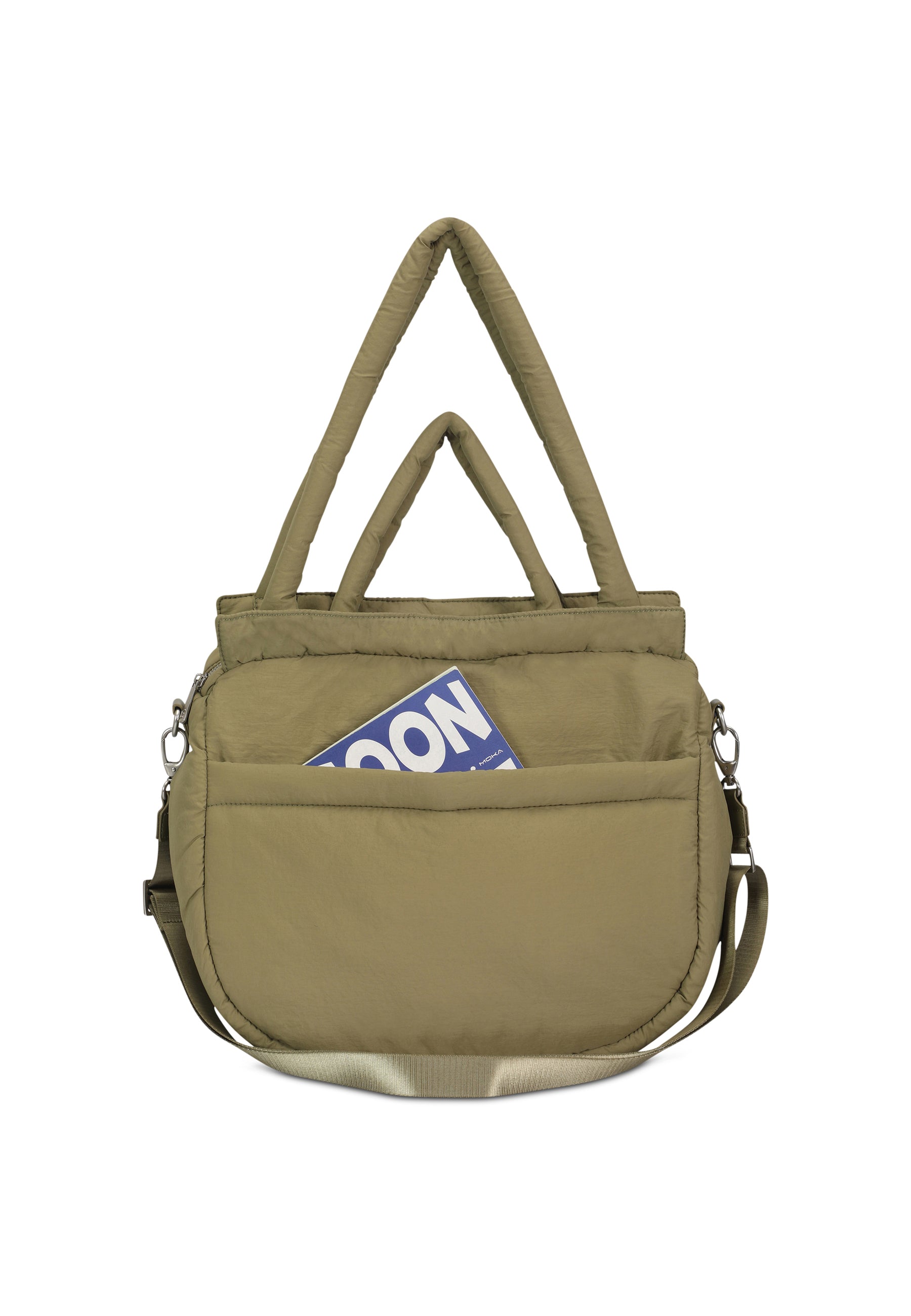 POPPY Shopper Tasche in Olive mit zwei Tragegriffen, großem Fach außen und verstellbarem Schulterriemen