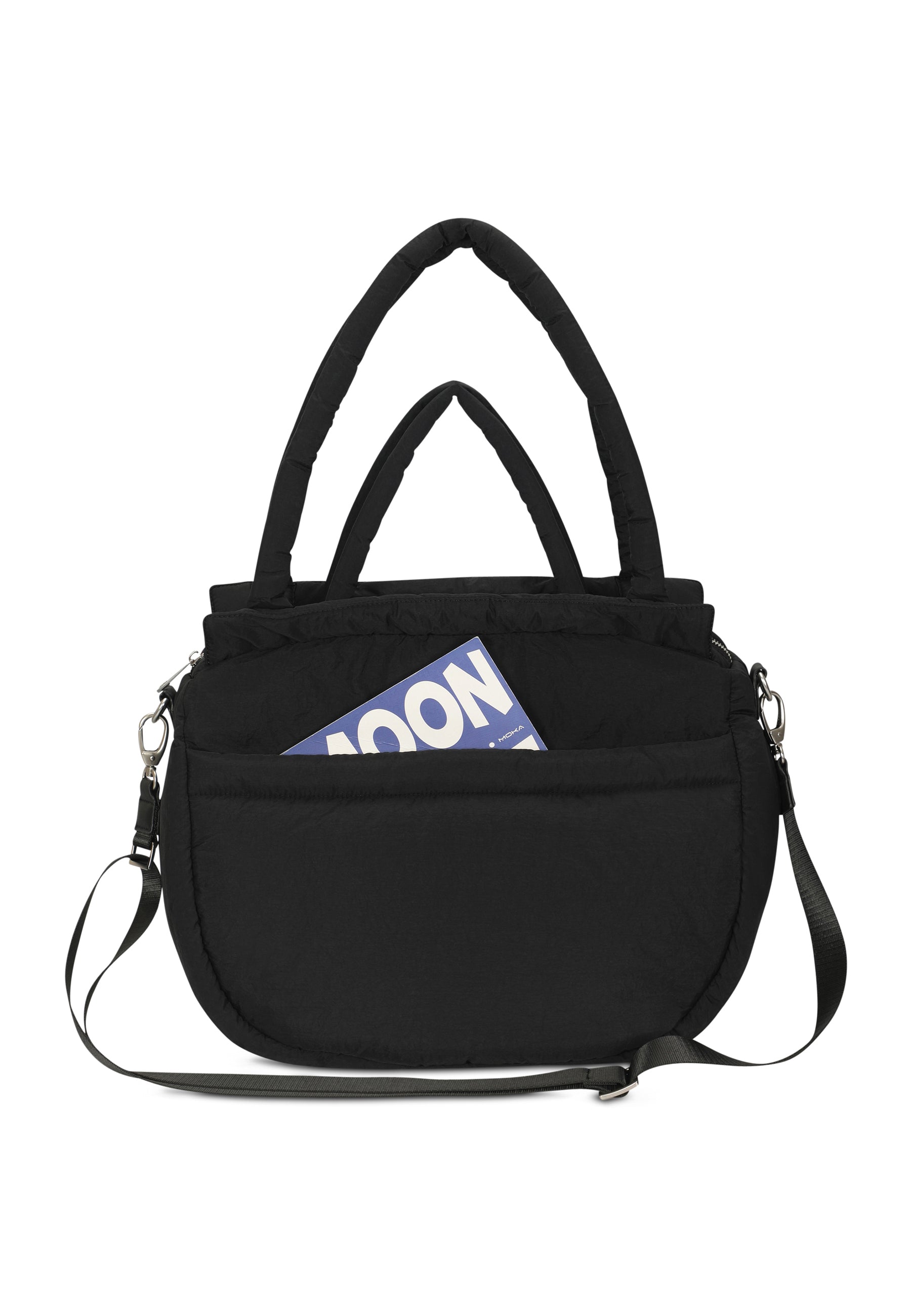 Schwarze Shopper Tasche POPPY mit zwei Tragegriffen, einer Außentasche mit Magazin und verstellbarem Schulterriemen