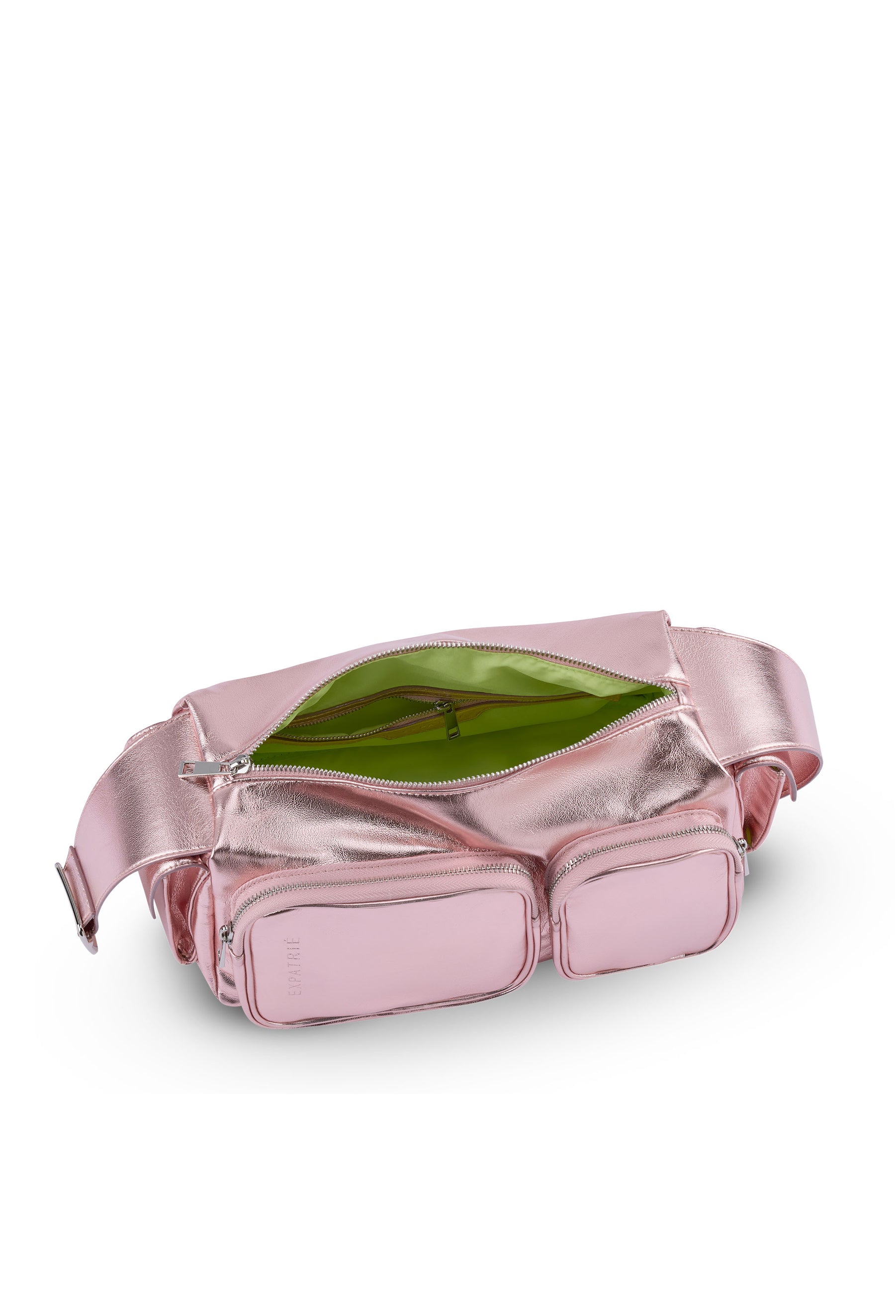 Stella Schultertasche aus metallic roségoldfarbenem Material mit grüner Innenausstattung und zwei Fronttaschen