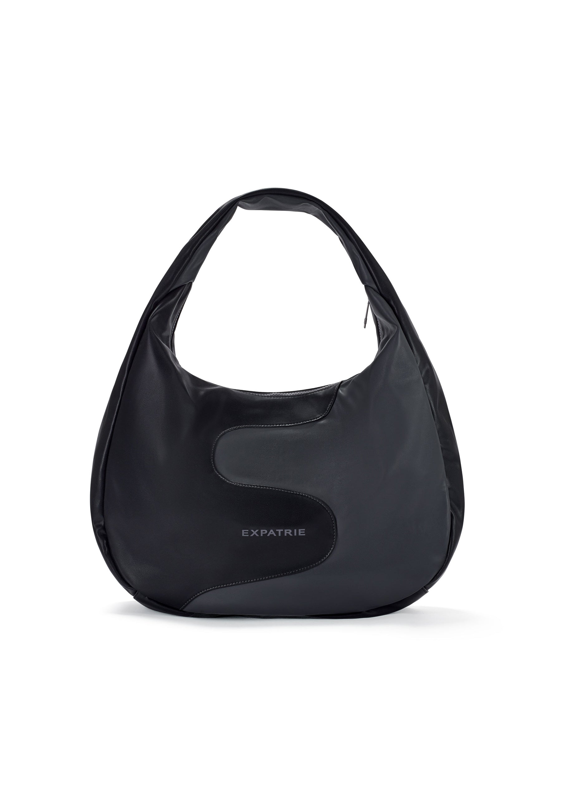 LINA Schultertasche in Schwarz und Grau mit asymmetrischem Design und dezenter 'EXPATRIÉ' Aufschrift