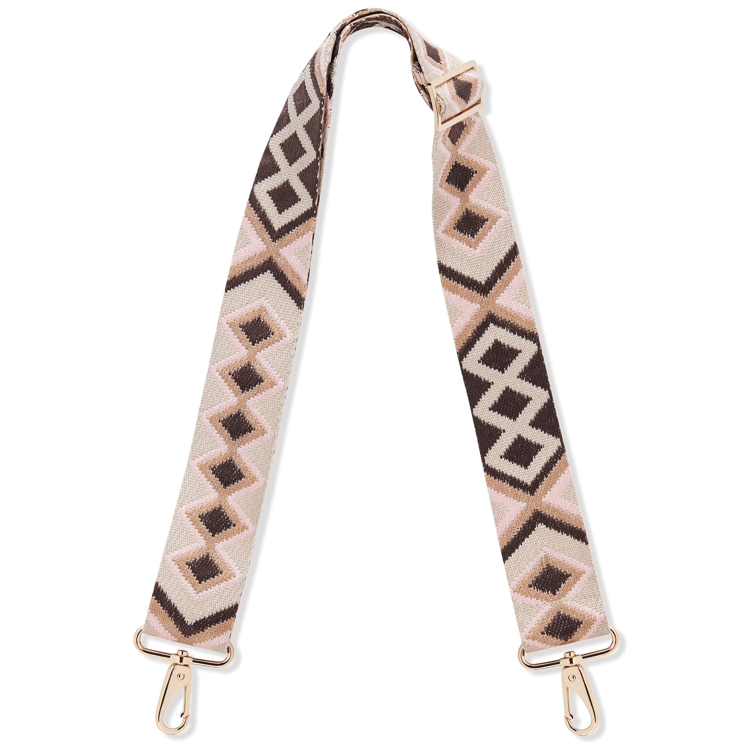 Beiger Strap Jeanne Ethno mit geometrischem Muster und goldfarbenen Karabinern