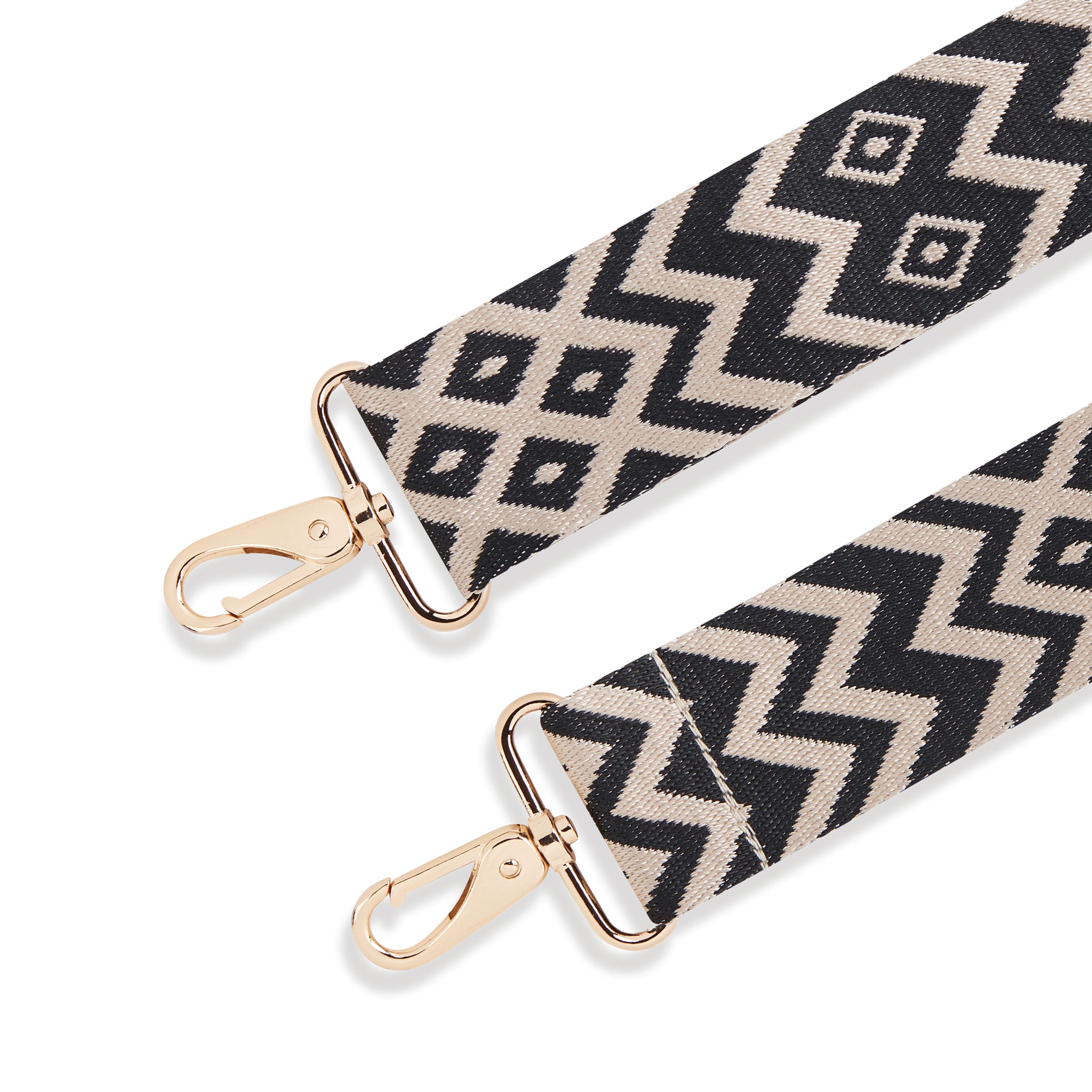 Schwarz-beiger textiler Schultergurt mit Boho-Muster und goldfarbenen Metallhaken