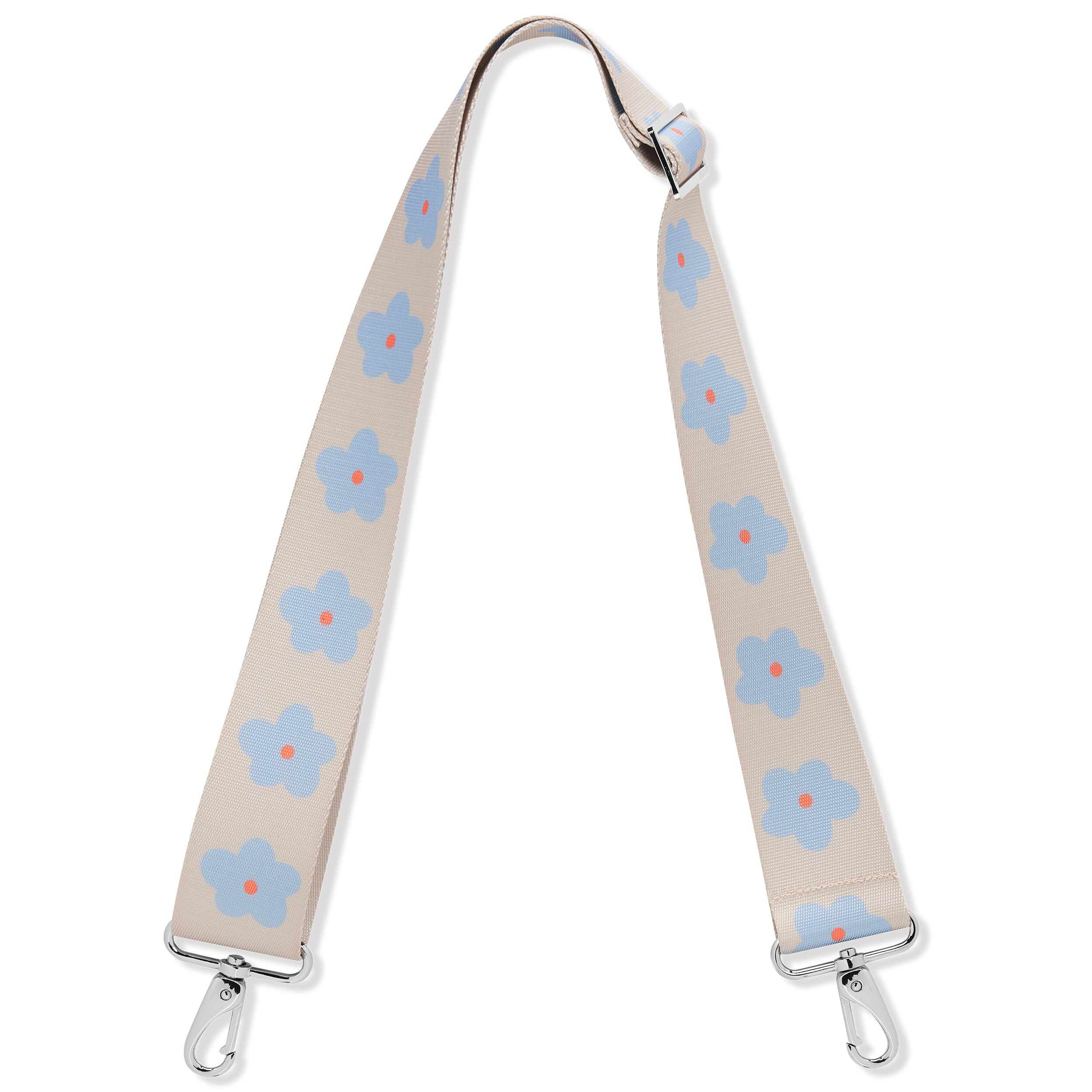 Verstellbarer Taschenriemen 'Jeanne Flower' mit hellblauem Blumenmuster auf beigem Hintergrund
