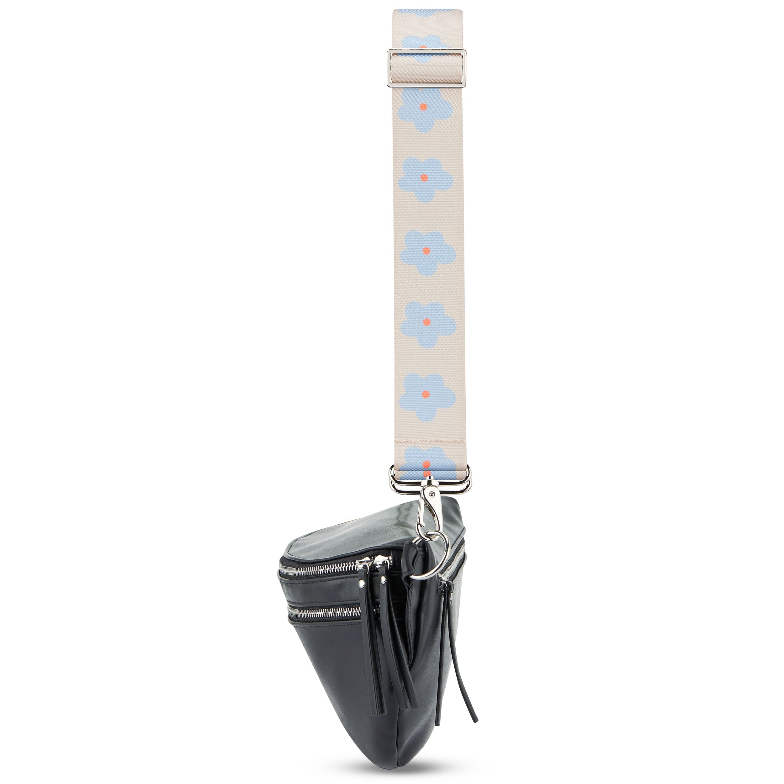 Schwarze Handtasche mit beige Blumenmuster-Tragegurt und silbernen Reißverschlüssen