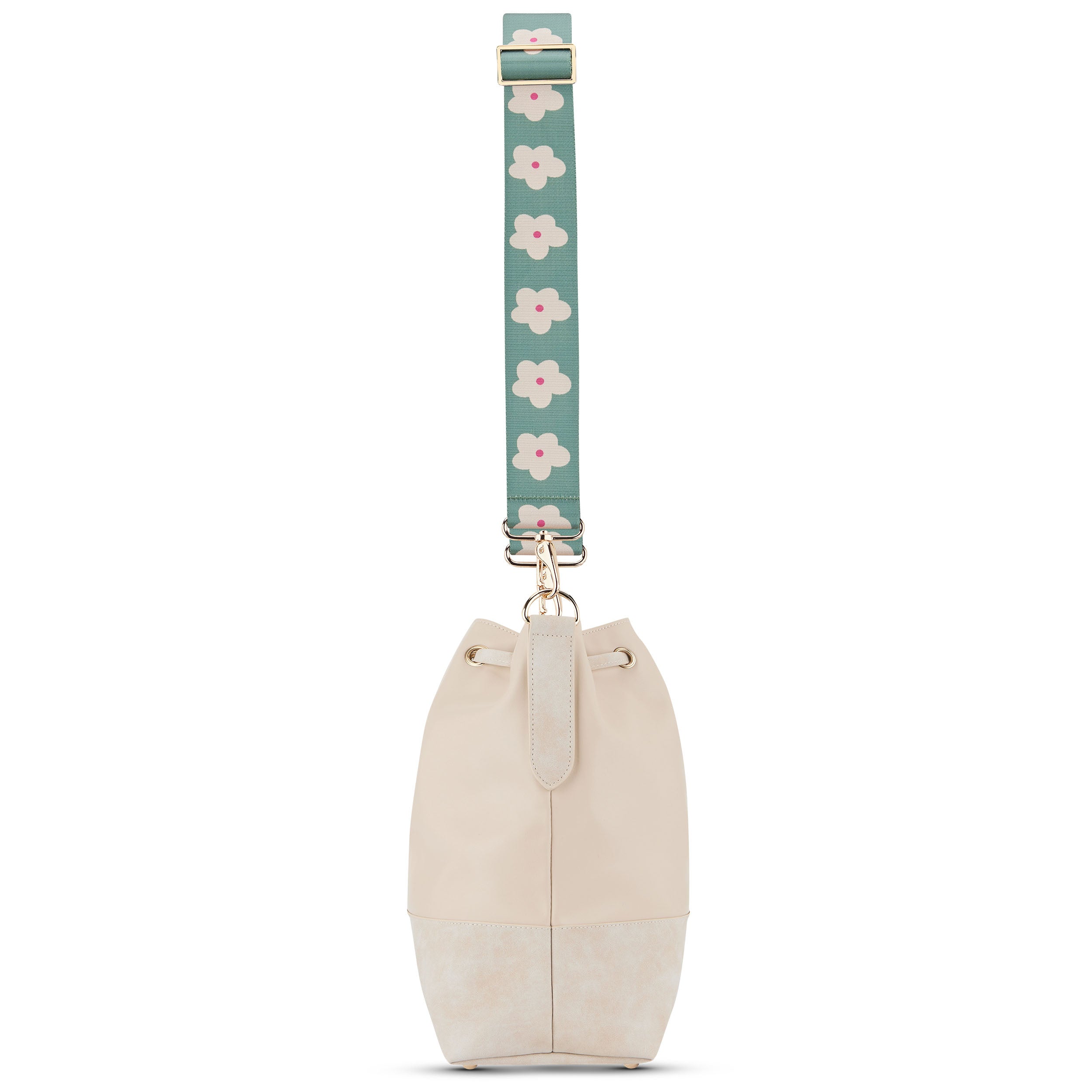 Beigefarbene Tasche mit grünem, breitem Blumenmuster-Tragegurt 'Jeanne Flower'