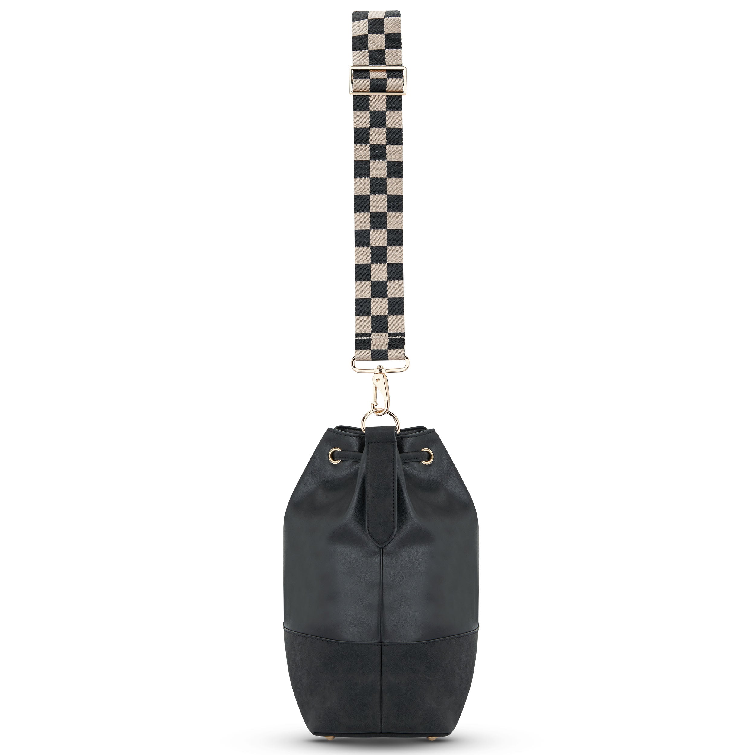 Schwarze Tasche mit gezogenem Zugband und kariertem, abnehmbarem Schulterriemen