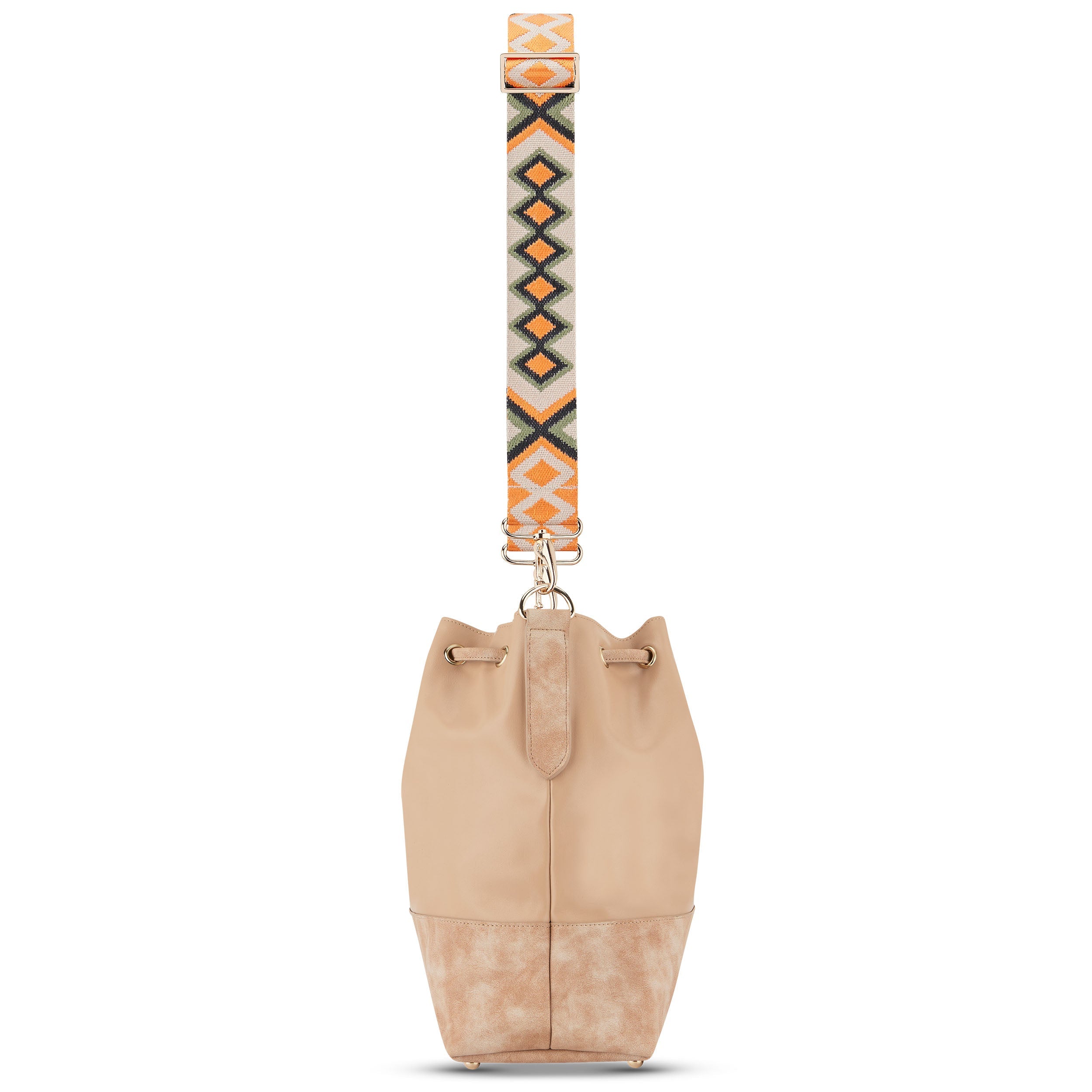 Beige Beuteltasche mit gemustertem Boho-Umhängeriemen in orange und grün