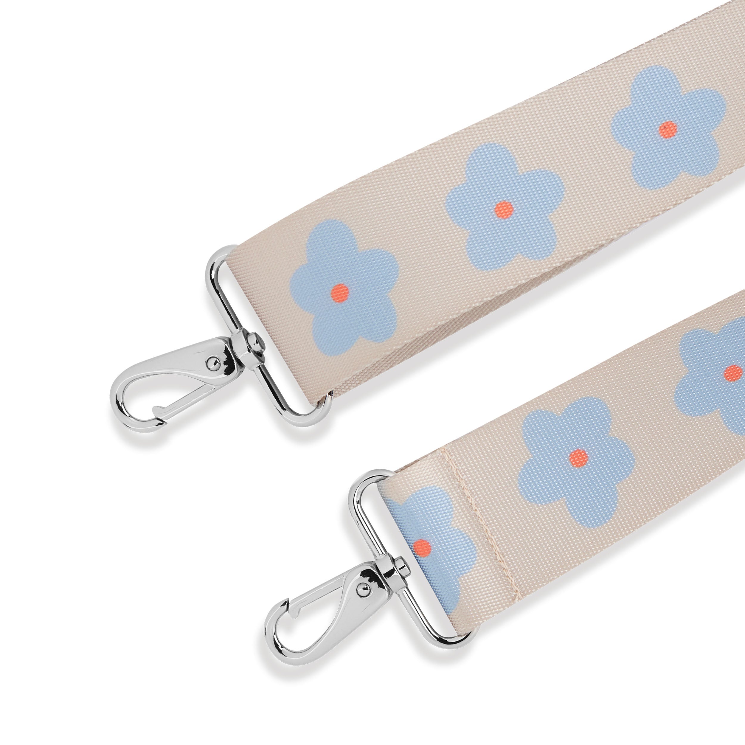 Beiger Tasche-Gurt 'Strap Jeanne Flower' mit blauen Blumenmuster und silbernen Karabinern
