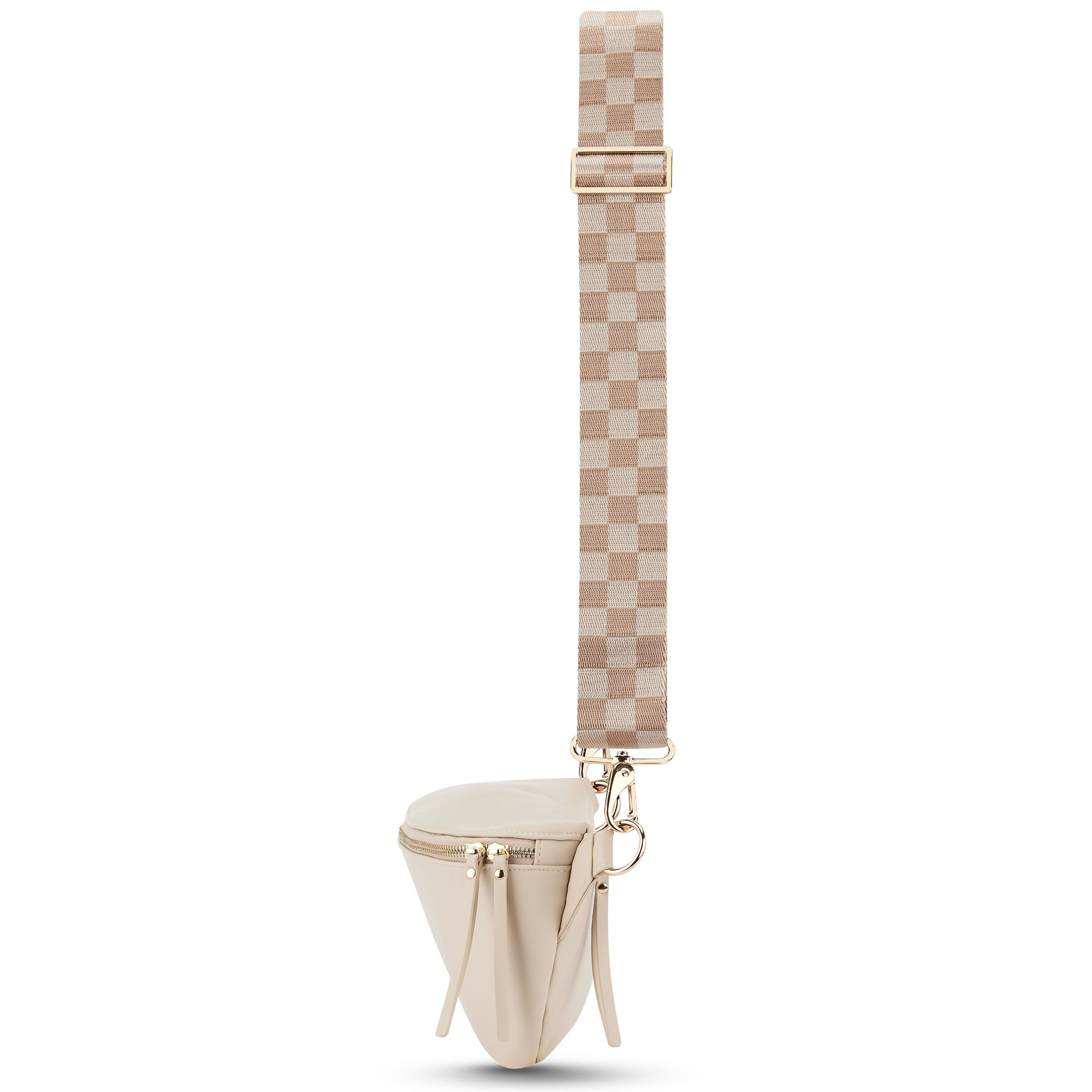Beige Gürteltasche mit goldfarbenem Reißverschluss und verstellbarem, kariertem Riemen