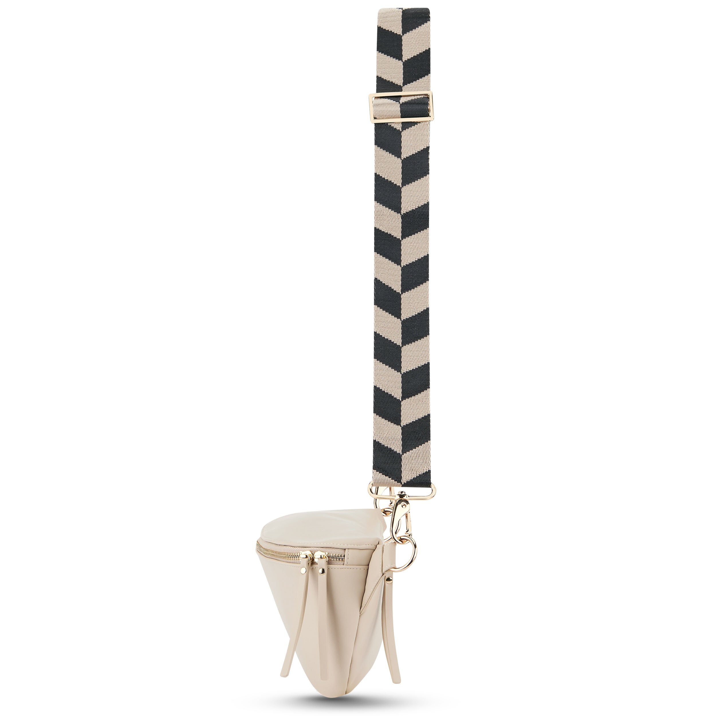 Beige Tasche mit schwarzem und weißem Herringbone-Muster Schultergurt und goldfarbenen Metallakzenten