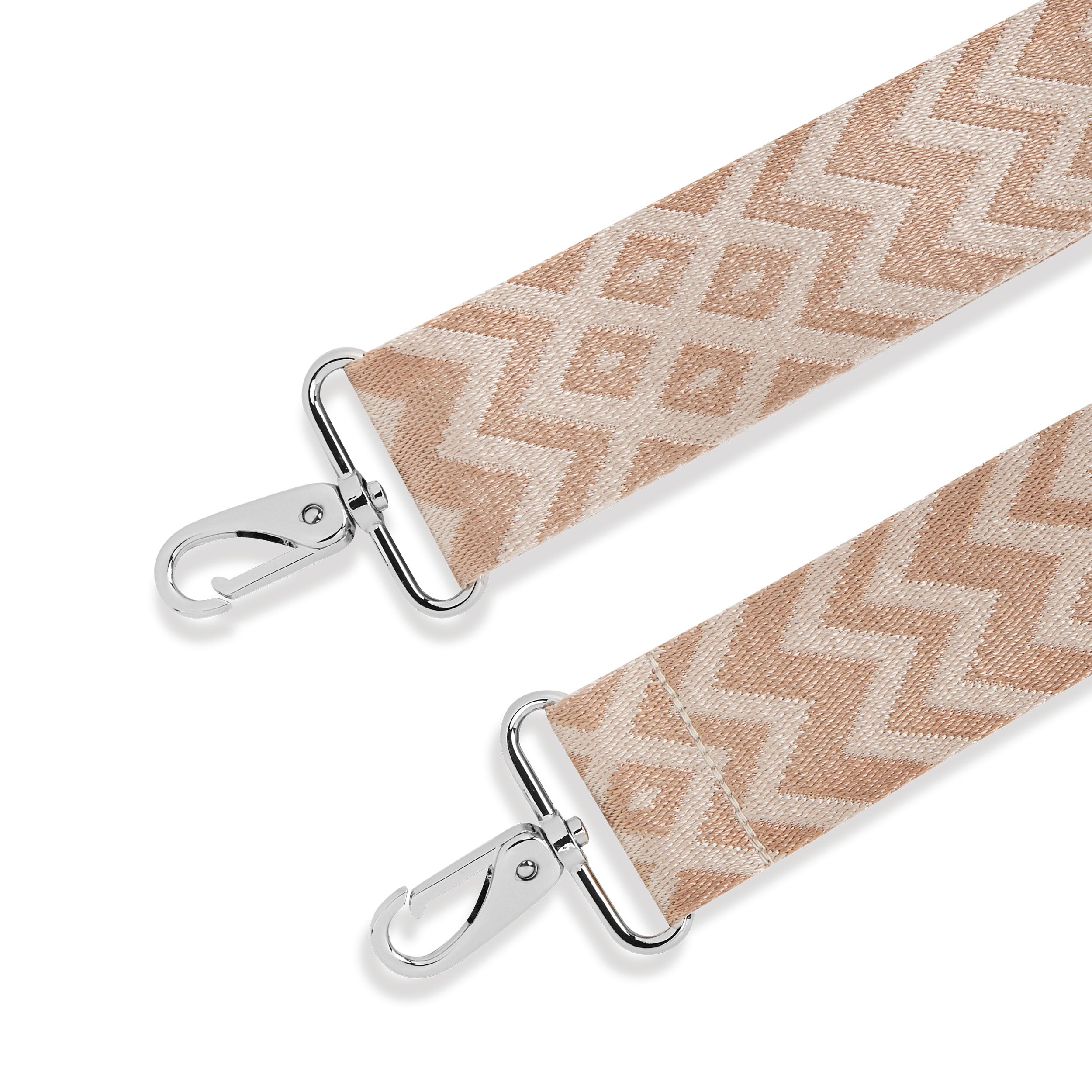 Beiger Schultergurt Strap Jeanne Boho mit geometrischem Muster und silbernen Karabinerverschlüssen