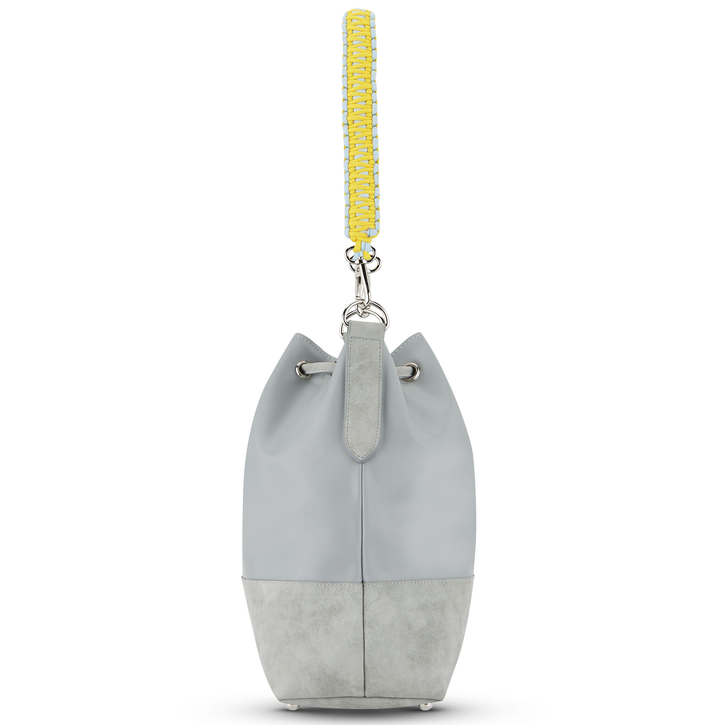 Grau-beige Beuteltasche mit gelb-blau geflochtenem Schultergurt 'Strap Yasmine'