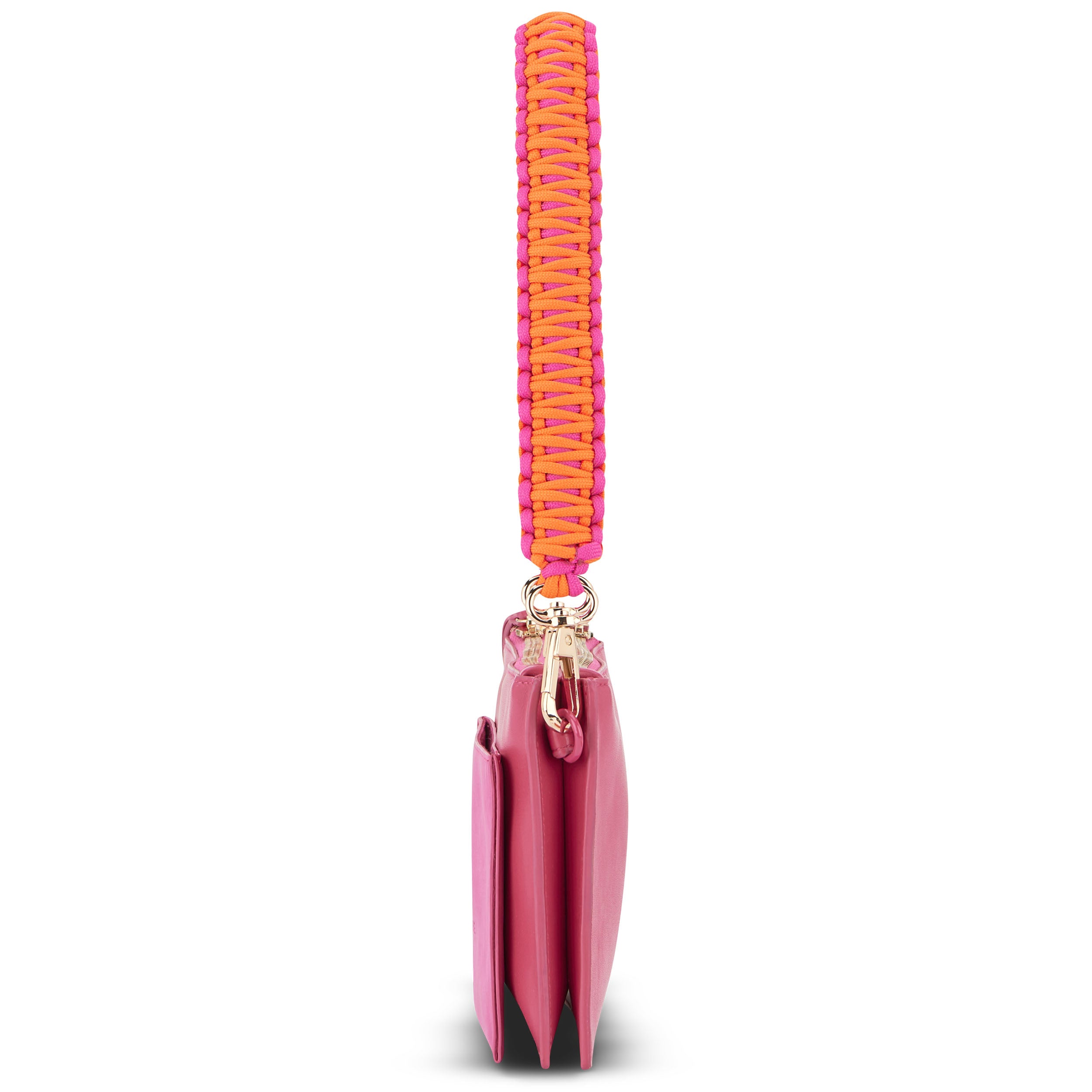 Seitliche Ansicht einer pinken Handtasche mit breitem, geflochtenem Schultergurt in Orange und Pink